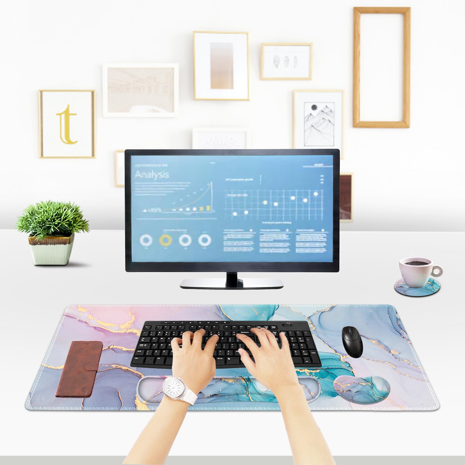 ToLuLu Tapis de bureau 4 en 1, tapis de souris de jeu avec support de poignet XXL, grand tapis de souris + repose-poignet pour clavier, repose-poignet de souris + dessous de verre ergonomique en