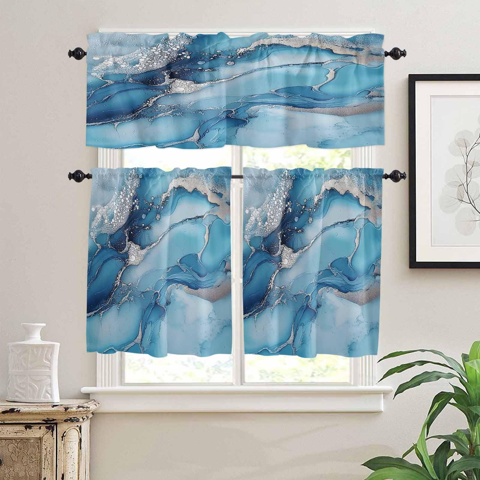 Blue Grey Marble Kitchen Curtains 36 Inch Length, 3 Piece Rod Pocket Small Half Tiers and Valance Set, Modern Geometric Textured Small Large Window Treatment Decor for Bedroom/Bathroom Sink