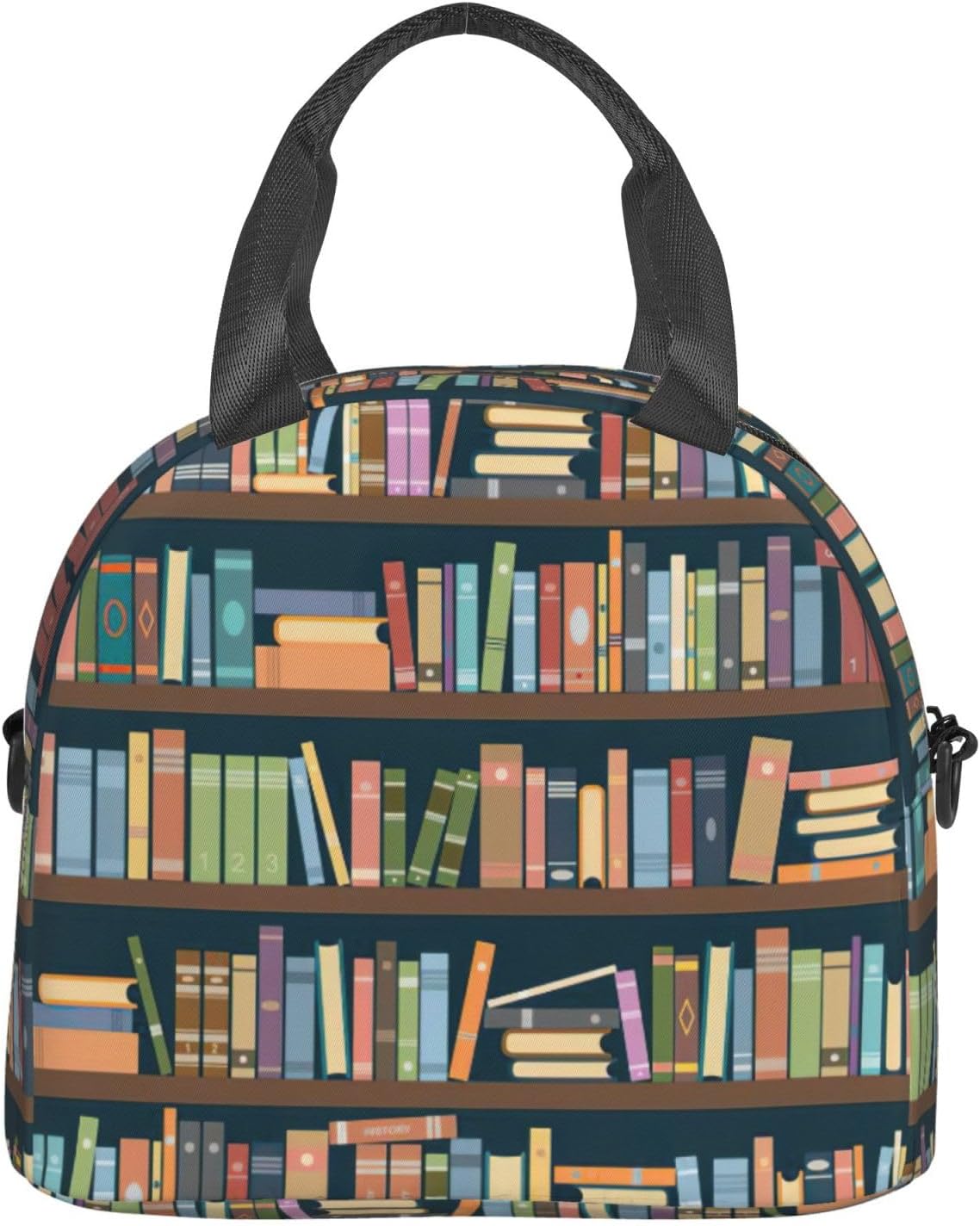 Cartoon Bookshelf Bookworm Print Crossbody Insulated Lunch Bags For Women Men Cooler Bag Lightweight Waterproof Lunch Box