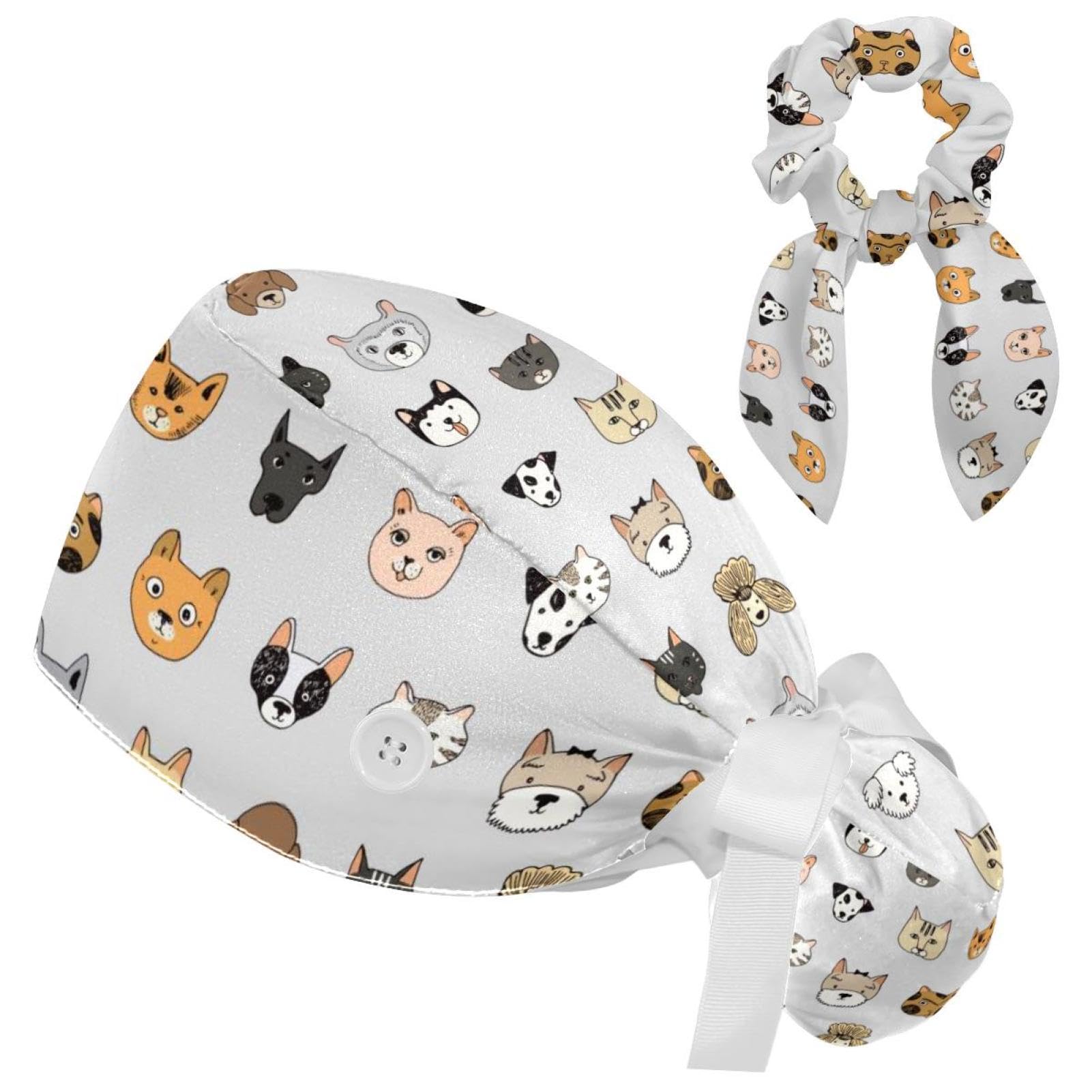 Space Cats Cute Scrub Caps Surgical Women with Button Adjustable Hats Surgical Caps with Scrunchie for Women