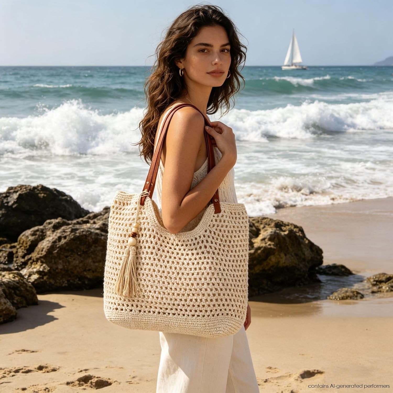 Straw Tote Beach Bags for Women 2026 Summer Vacation Zipper Woven Bag with Leak-Proof Lining Boho Shoulder Purse