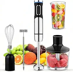 Mixer portátil 5 em 1, Ajuste de 8 velocidades, Com triturador, 304 lâmina de aço inoxidável, batedor de ovos, borbulhador e copo de medição, Adequado para sopas, smoothies e purés