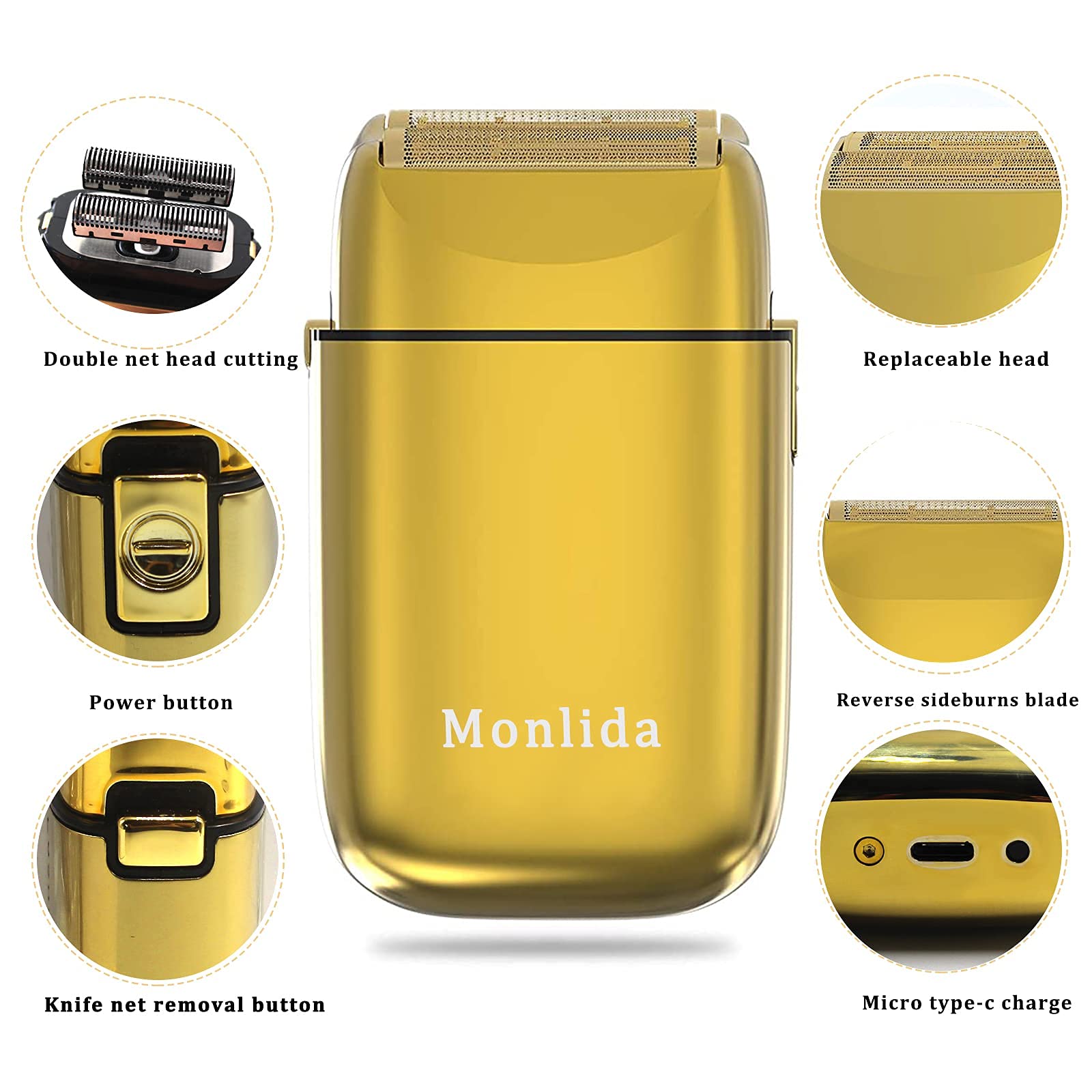 Rasoio Elettrico barba, Monlida Rasoi Elettrici da Barba in Lamina di Alluminio in Metallo Shaver Uomo Ricaricabile USB (Dorato)