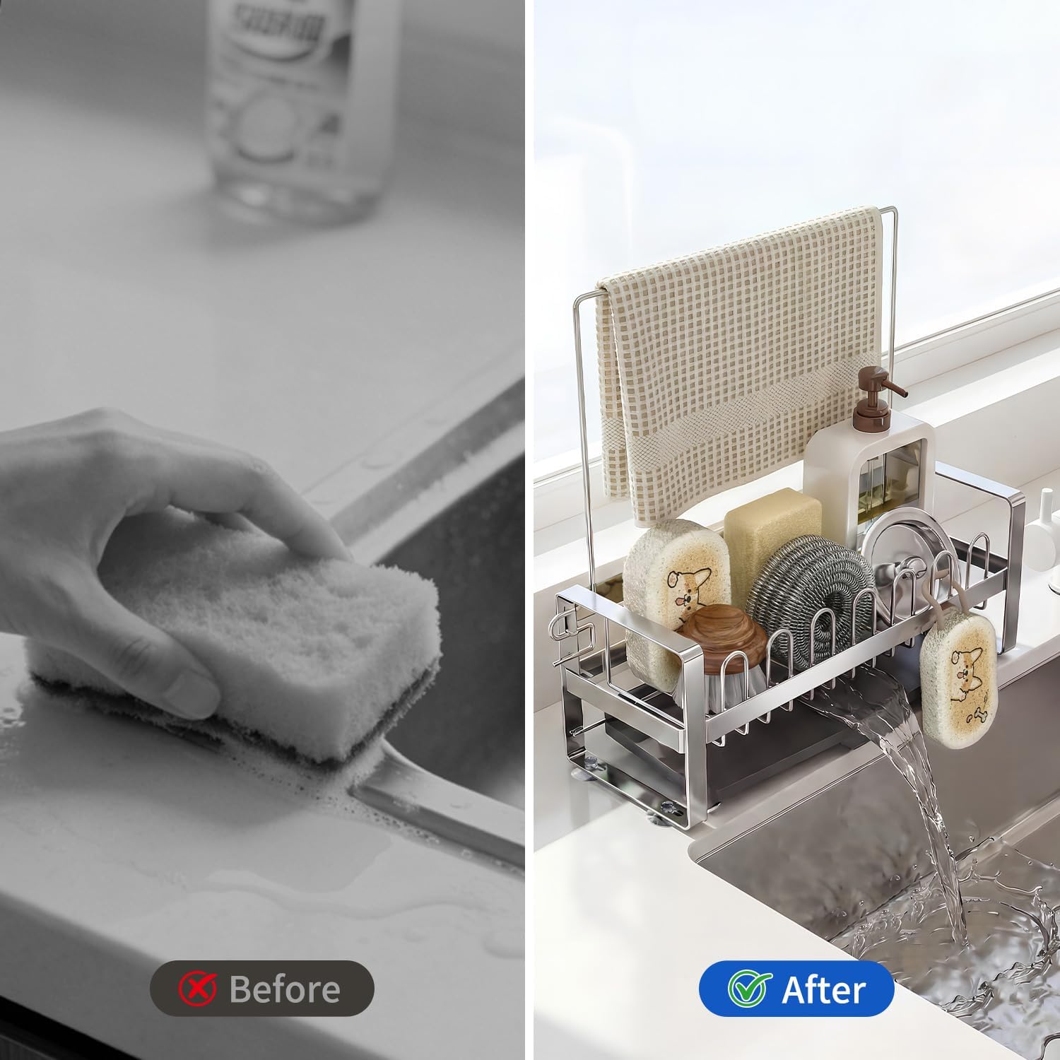Sponge Holder for Kitchen Sink,Suction Cup 304 Stainless Steel Sink Caddy with Dishcloth Holder, Self Drain Tray Sink Oragnizer for Countertop, Soap Dispenser Storage