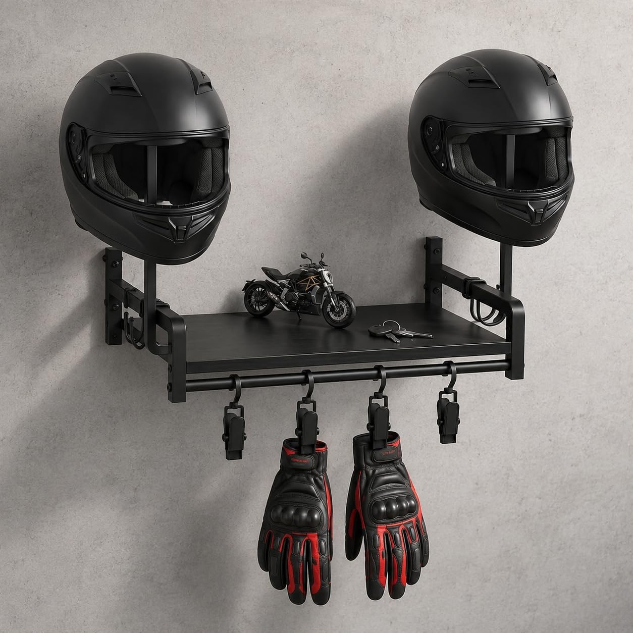 Motorcycle Helmet Rack Wall Mount, Holder With Shelf for Garage | Dual Top Platforms Support Full Face Helmets, 4 Clips Hold Gloves Or Keys, Black Coated Frame, Entryway