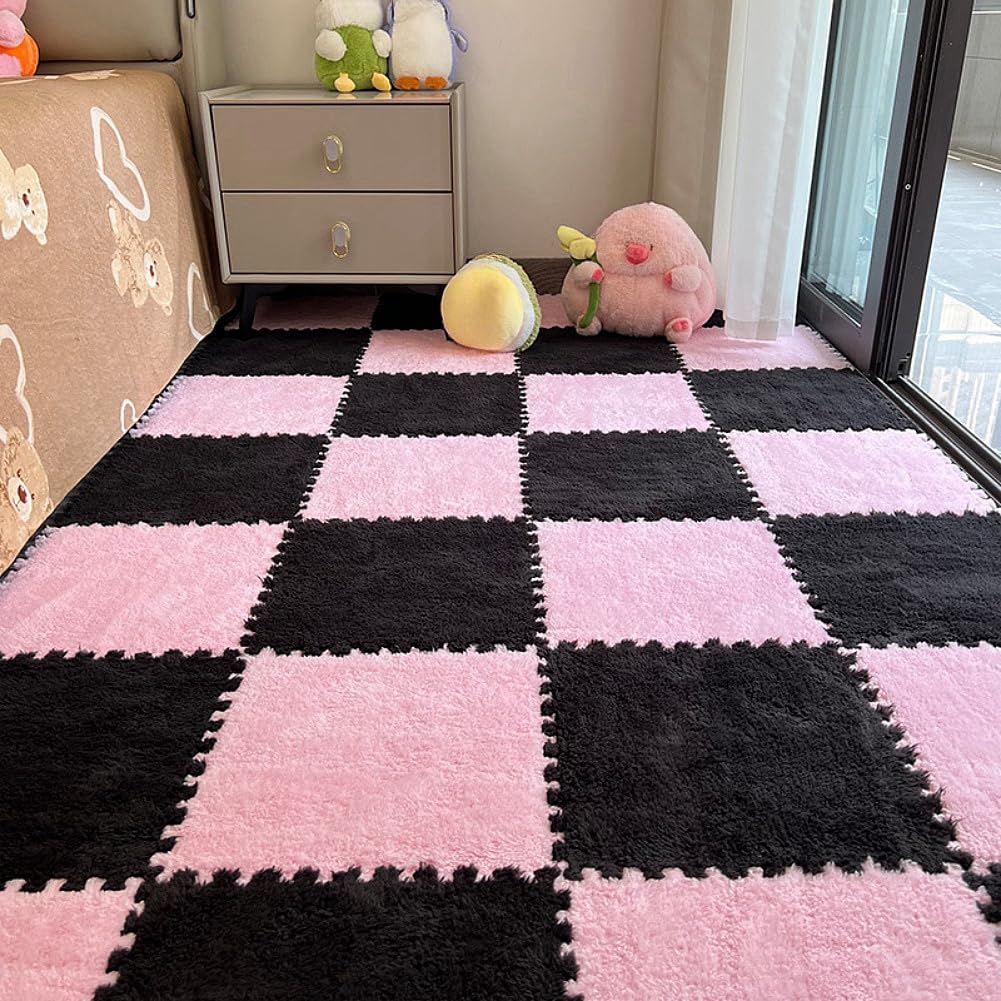 12pcs Carpet Squares Puzzle Floor Mat, Plush Interlocking Carpet Tiles, Anti Slip EVA Foam Jigsaw Floor Tiles, Build A Safe Area for Bedroom Playroom (Pink+Black)
