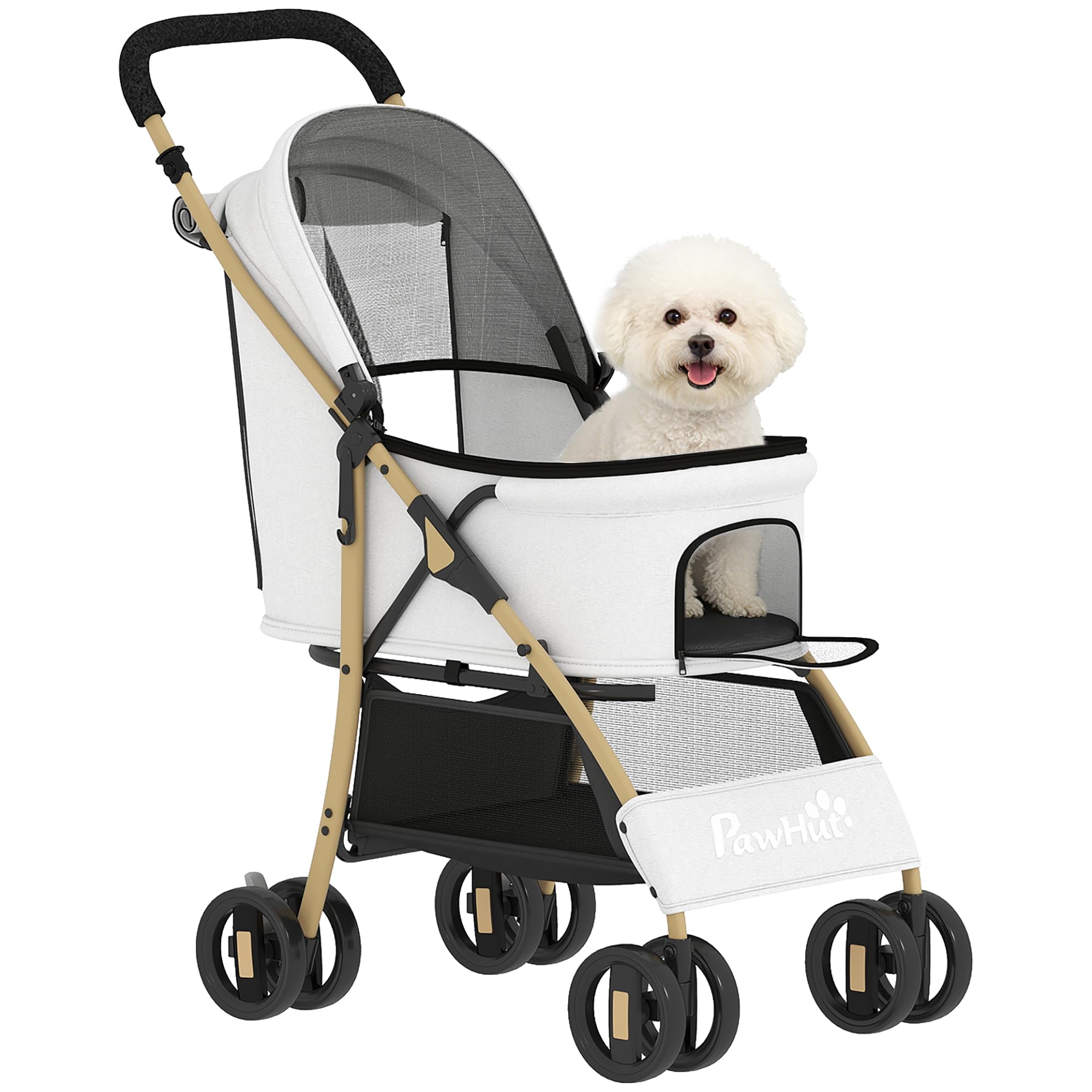 PawHut Carrito para Perros Plegable 2 Puertas 80x44,5x97 cm Gris Claro | Cochecito para Mascotas, Ventana de Malla, Cesta de Almacenamiento, Cuerda de Seguridad, Cojín, Carga 15 kg