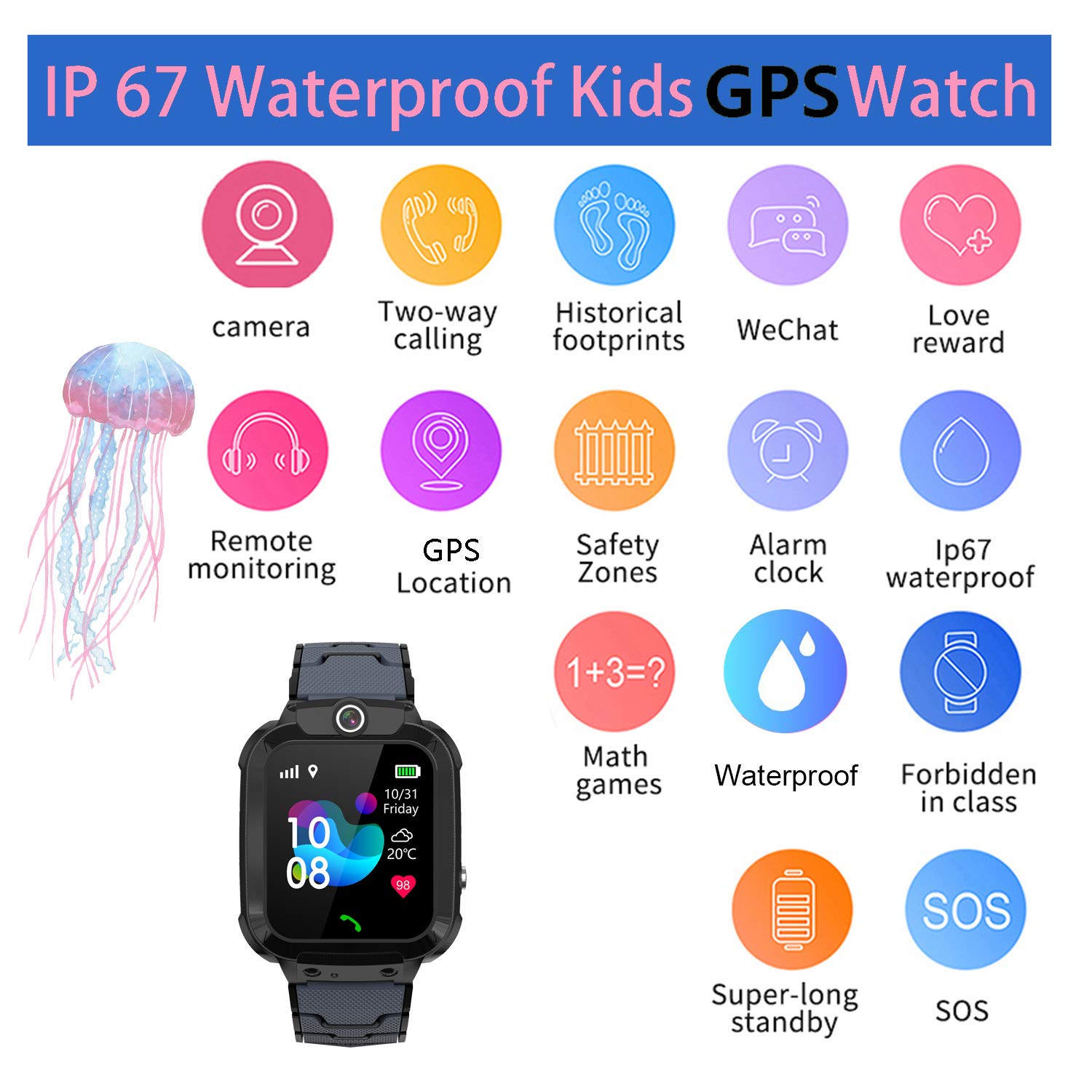 GPS kids Smartwatch Phone per Impermeabile, GPS Localizzatore di tracciamento con Chat Vocale, Sveglia SOS per il Gioco di Matematica Studente Bambini Smart Watch, Regalo Ragazzo e Ragazza, Pink
