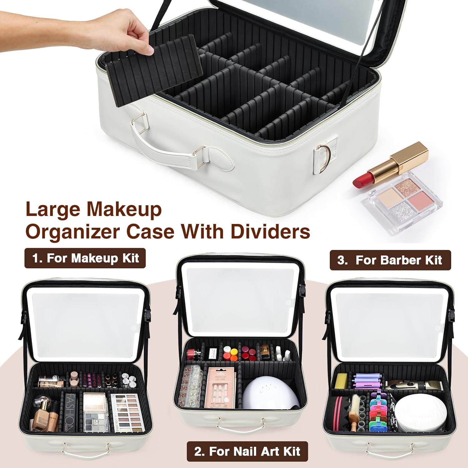 Faquenc Large Makeup Bag with LED Mirror,Travel Cosmetic Train Case for Makeup Artists,Makeup Organizer Case with Divider Rechargeable Vanity Mirror with 3 Color Lights for Barber,MUA,Nail Tech, Beige