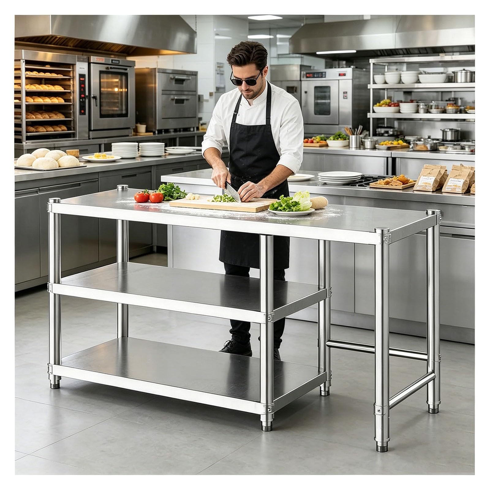 Établi ouvert à trois niveaux compact pour rangement de cuisine