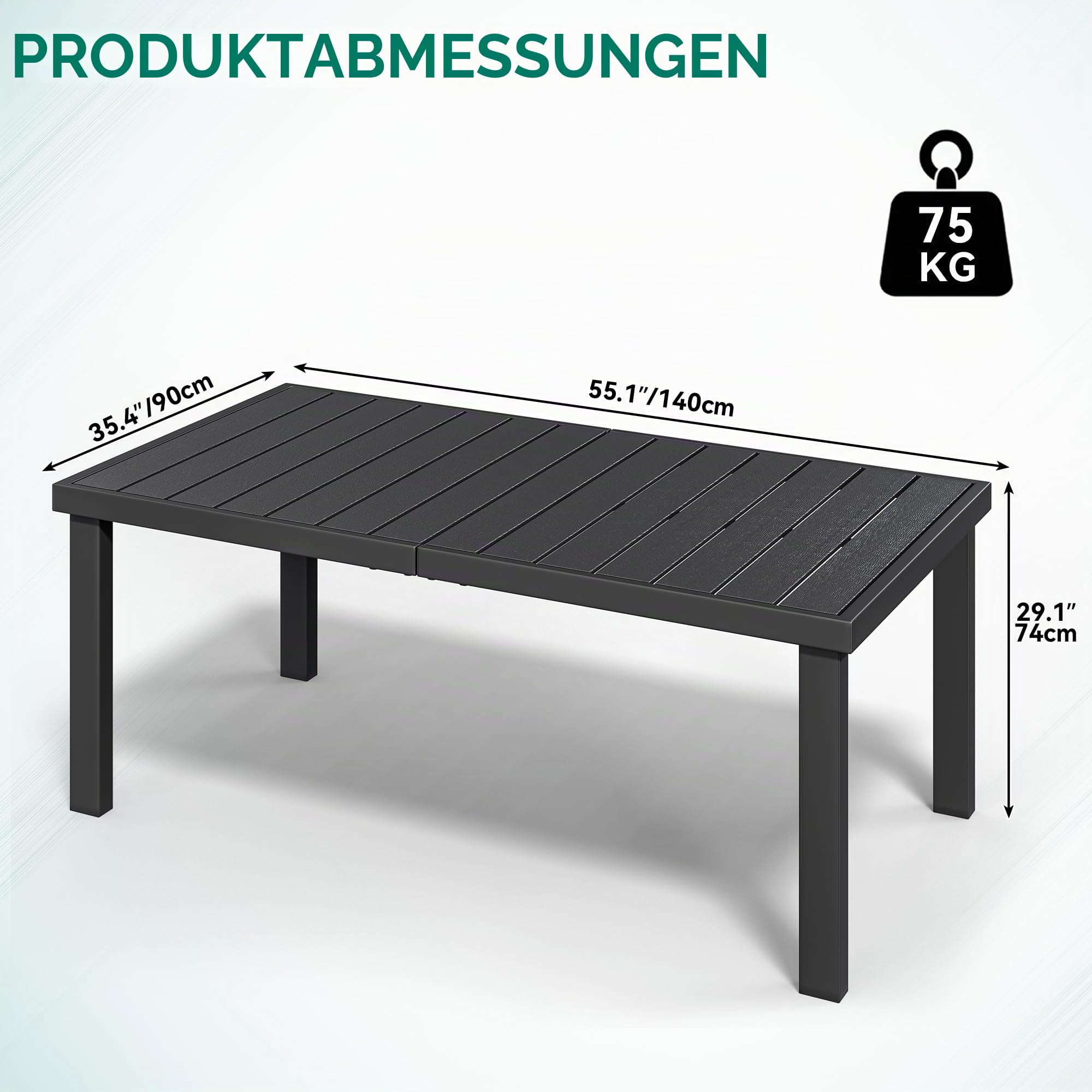 YITAHOME Gartentisch, 140x90cm Terrassentisch mit WPC-Holztischplatte und Aluminiumrahmen, wetterfest, quadratischer Outdoor-Terrassentisch mit E-Beschichtung, Outdoor-Esstisch für Garten, Schwarz