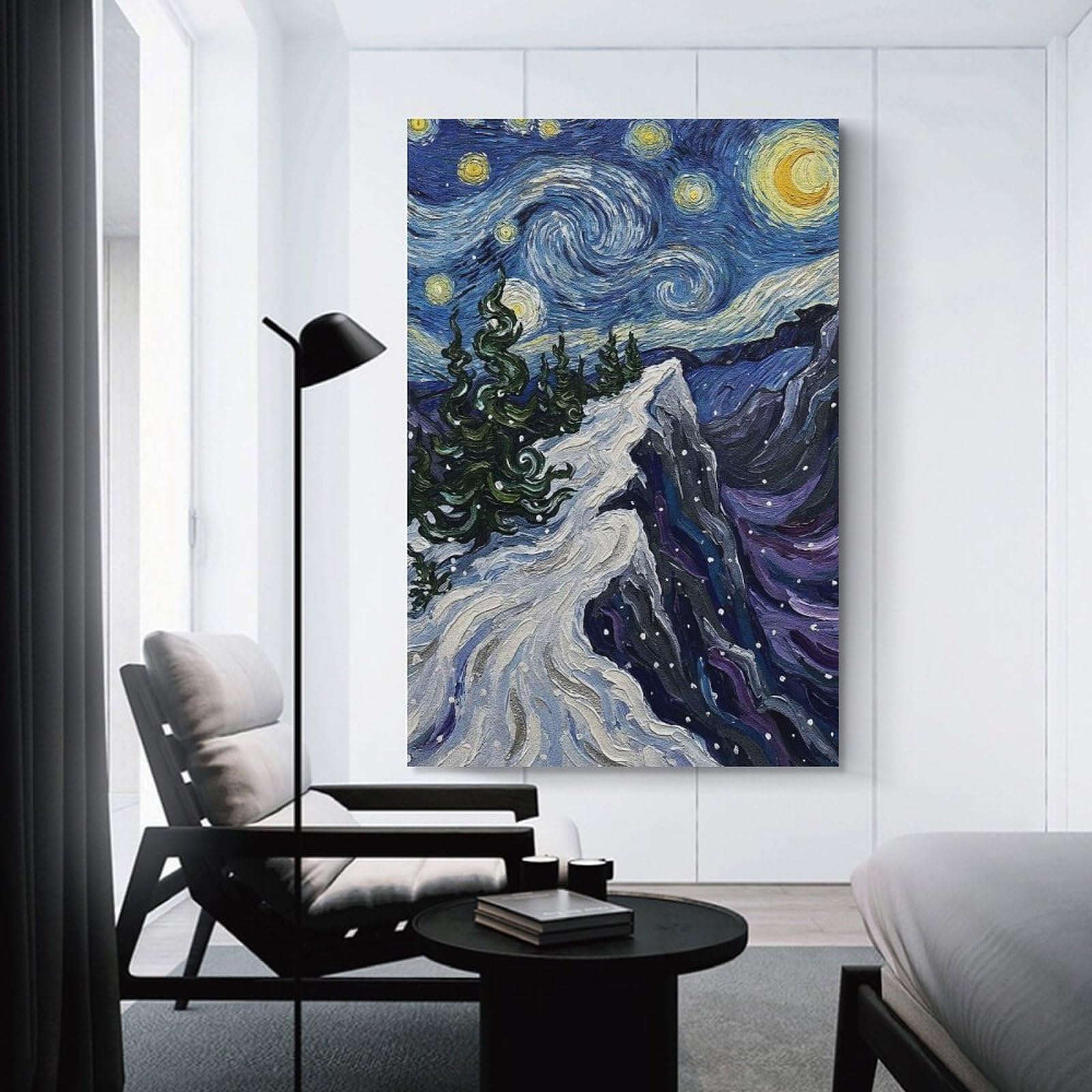 Junmoney Starry Night Inspired Mountain Landscape Painting Decorative Canvas Print, 24x36inch(60x90cm), for Home, Office, Studio Or Guest Room, Canvas Wall Art That Fits Changing Layouts