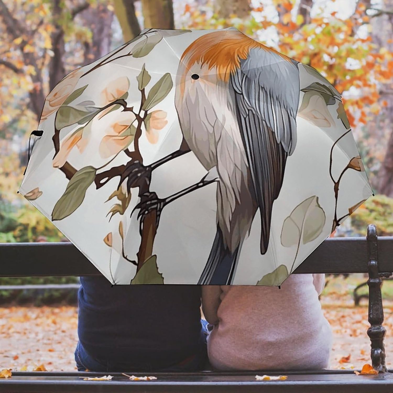 Floral Print Watercolor Robin Bird Golf Umbrellas-2 Fold Automatic,Windproof Umbrella with Portable,Strong,Folding Umbrella for Women Men