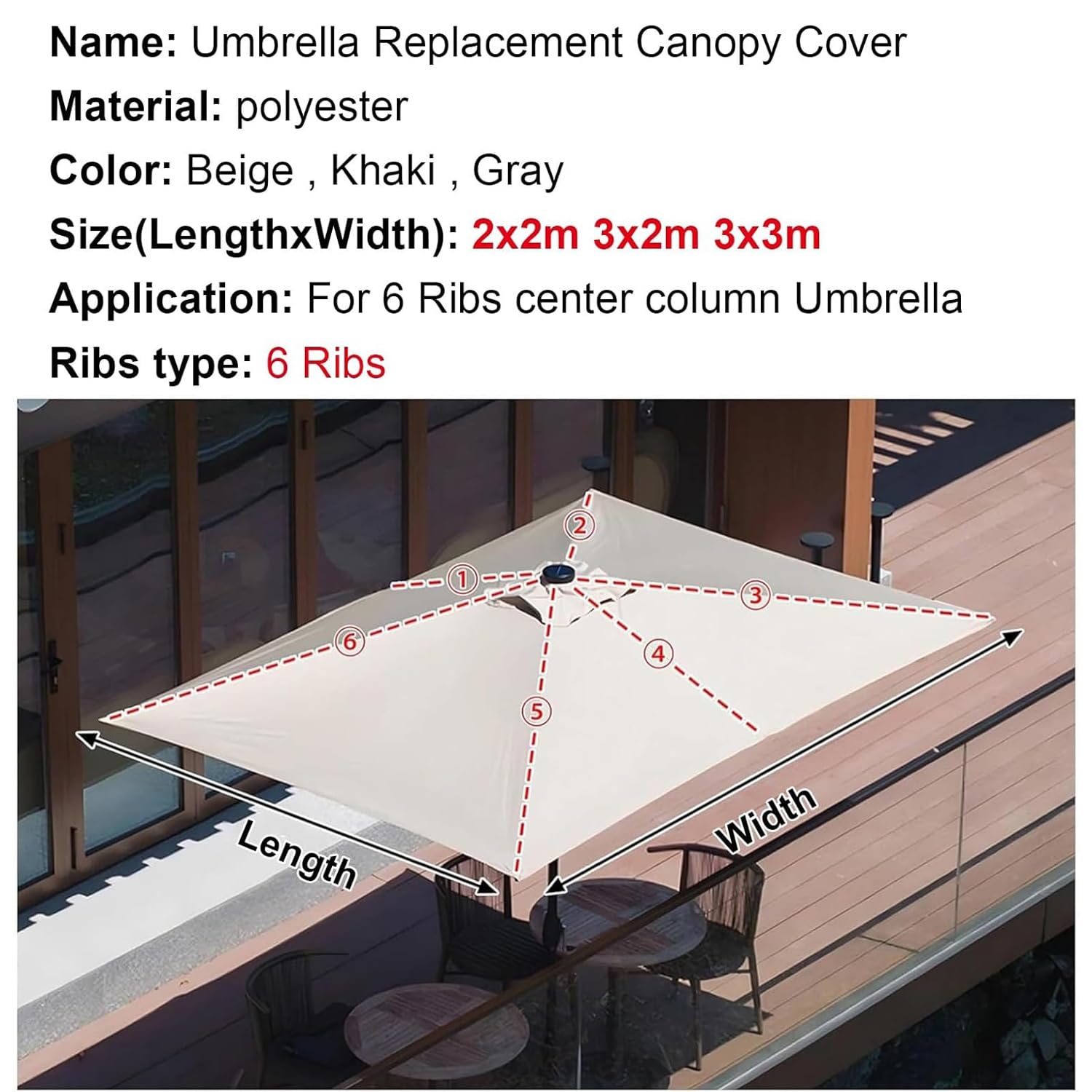 Generico Esterni Da Giardino Telo Di Ricambio Per Ombrellone, 2x2m 3x2m 3x3m 6 Stecche, Rettangolo Piazza Telo Di Ricambio Per Ombrellone Da Esterno, Copertura Per Terrazza Giardino (Beige, 3x2m)