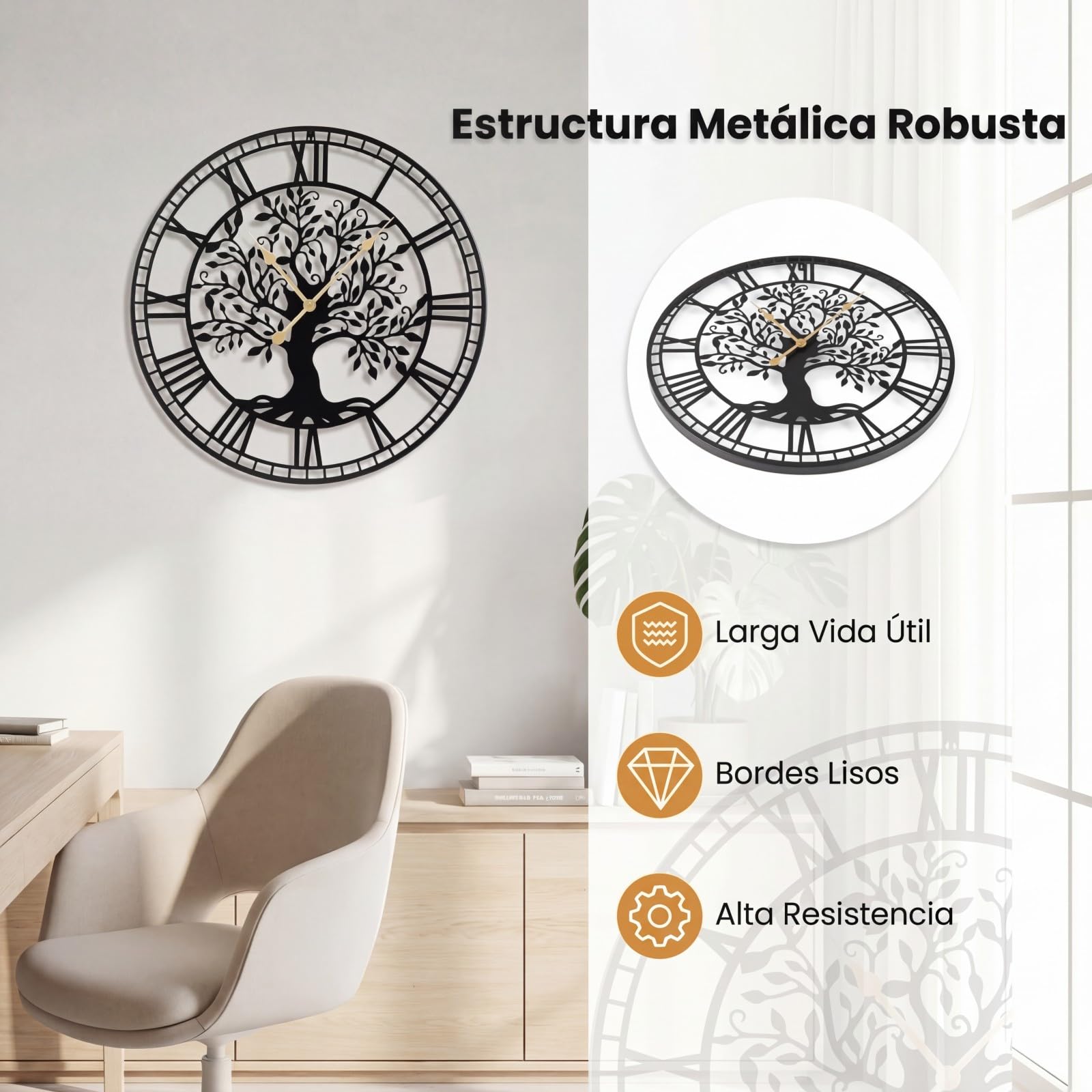 COSTWAY Reloj de Pared Grande para Salón, 68 cm Reloj Decorativo Silencioso en Forma de, Estructura de Metal, Decoración de Pared a Pilas para Salón, Dormitorio y Cocina, Negro (Árbol de la Vida)