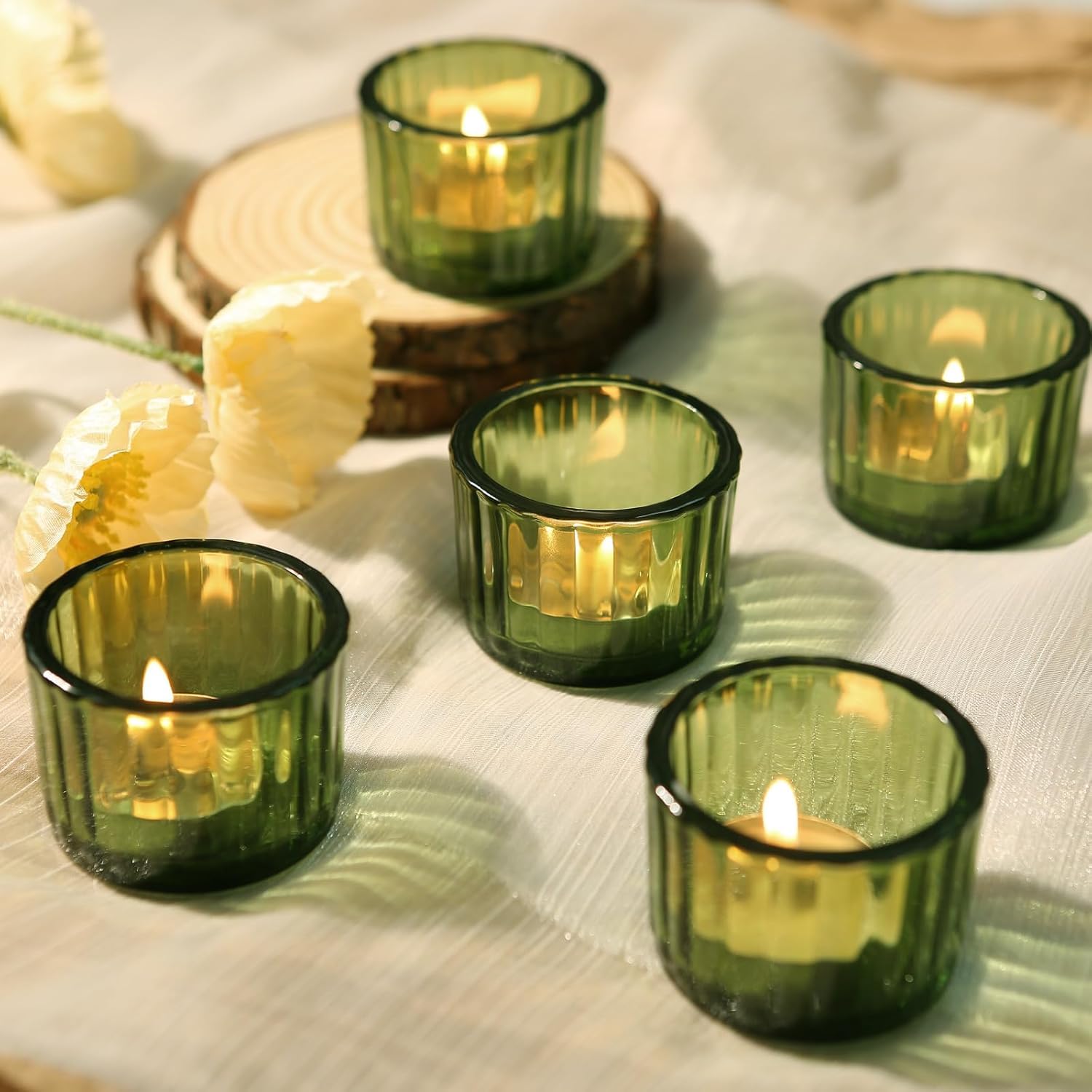 The Purple Tree Glass Votive Tealight Candle Holders for Christmas (Pack of 6, Olive Green) Ribbed Glass Candle Holder, Xmas Gift, Christmas tealight Holder-image-38