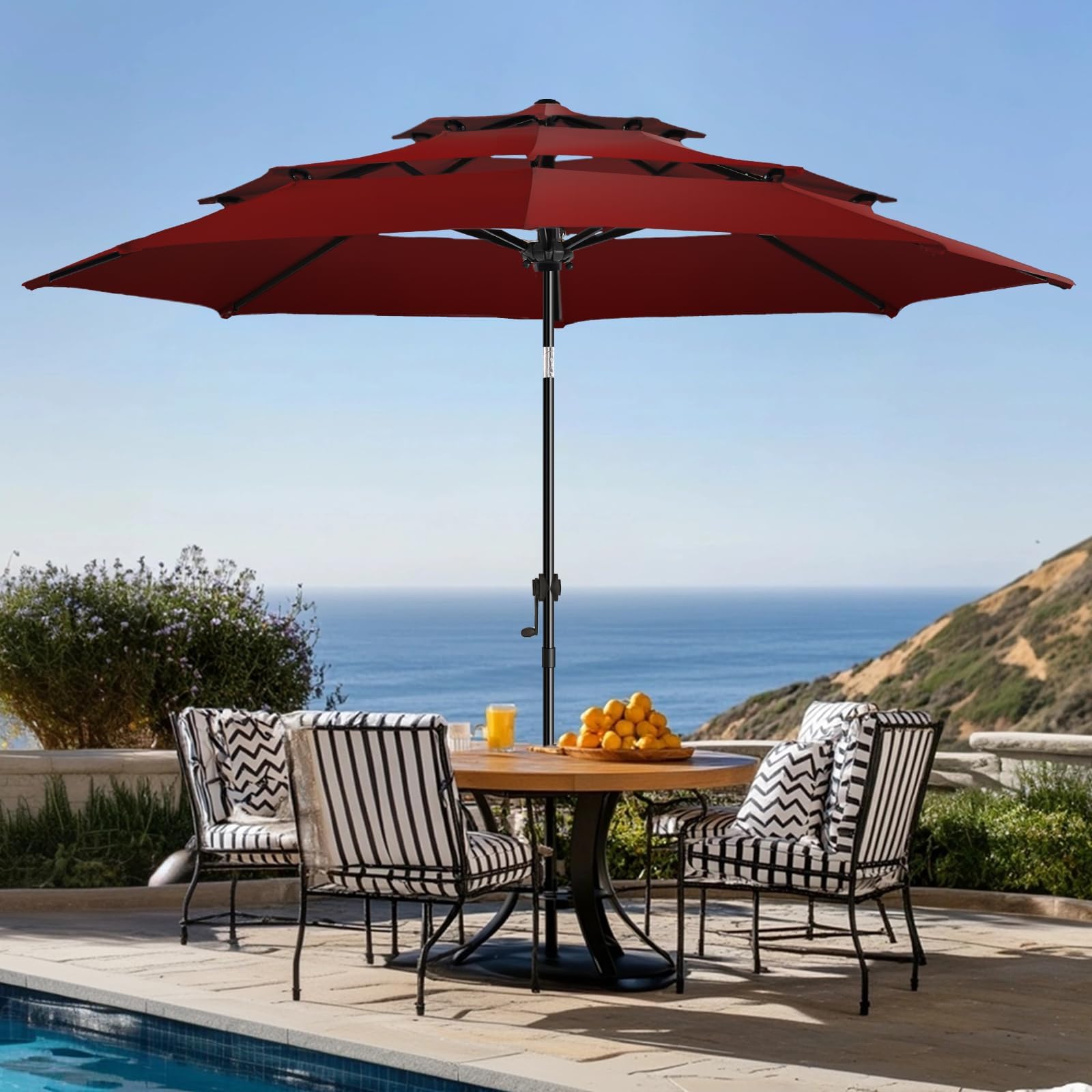 wikiwiki 10 FT Patio Umbrellas 3-Tiers Outdoor Table Market Umbrella with Push Button Tilt/Crank, Fade Resistant Waterproof POLYESTER DTY Canopy for Garden, Lawn, Deck, Backyard & Pool, Burgundy Red