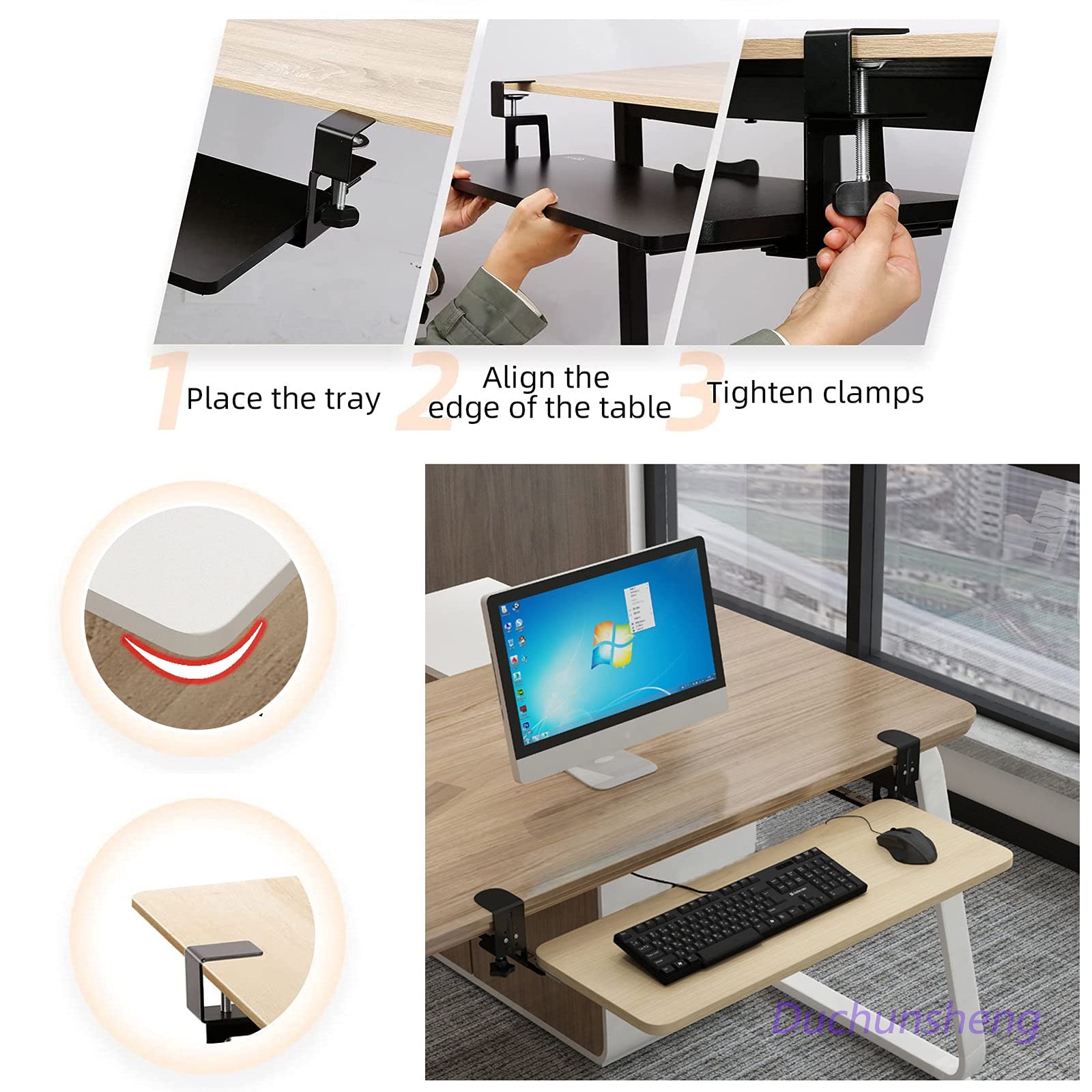 Bandeja de teclado ergonómica ajustable con abrazadera para debajo del escritorio, estante deslizante para teclado y mouse, soporta 55 libras, fácil instalación sin taladro, diseño de cuidado de los