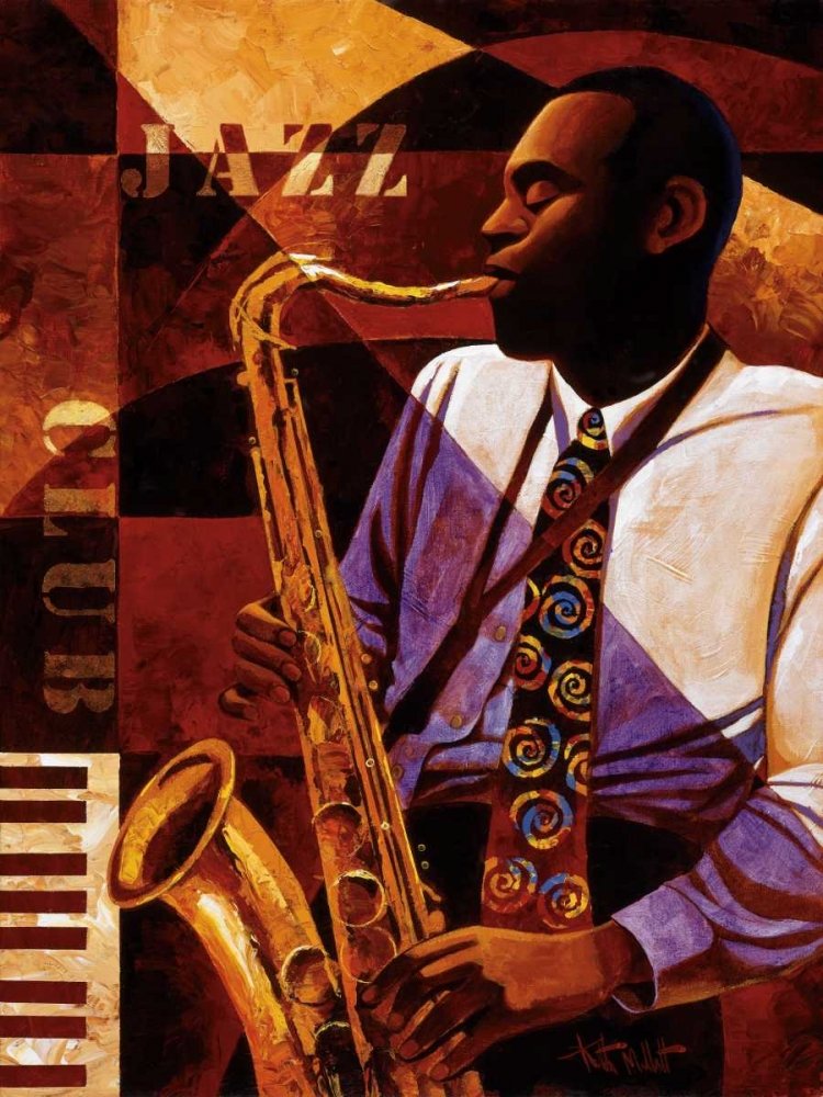 TELA CON TELA-AMERICAN-BOX Jazz Club Mallett Keith - Stampa artistica verticale Figurativa Marrone Bronzo Rosso Arancione Giallo Jazz Music Club Cornice galleggiante 33_X_24_in