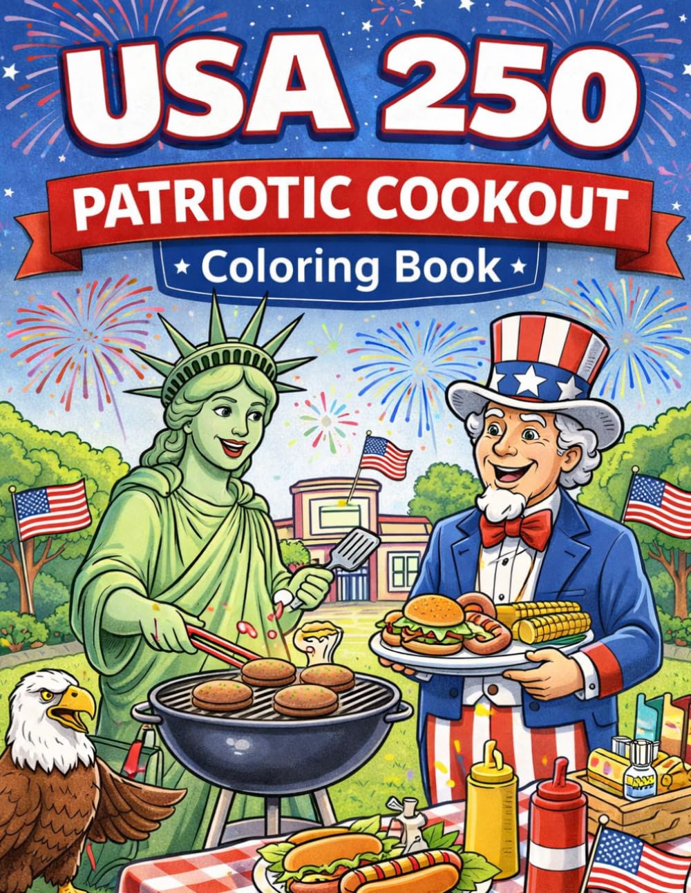 USA 250 Patriotic Cookout Coloring Book: America's 250th Birthday BBQ Celebration with Founding Fathers, Eagles, and Backyard Fun
