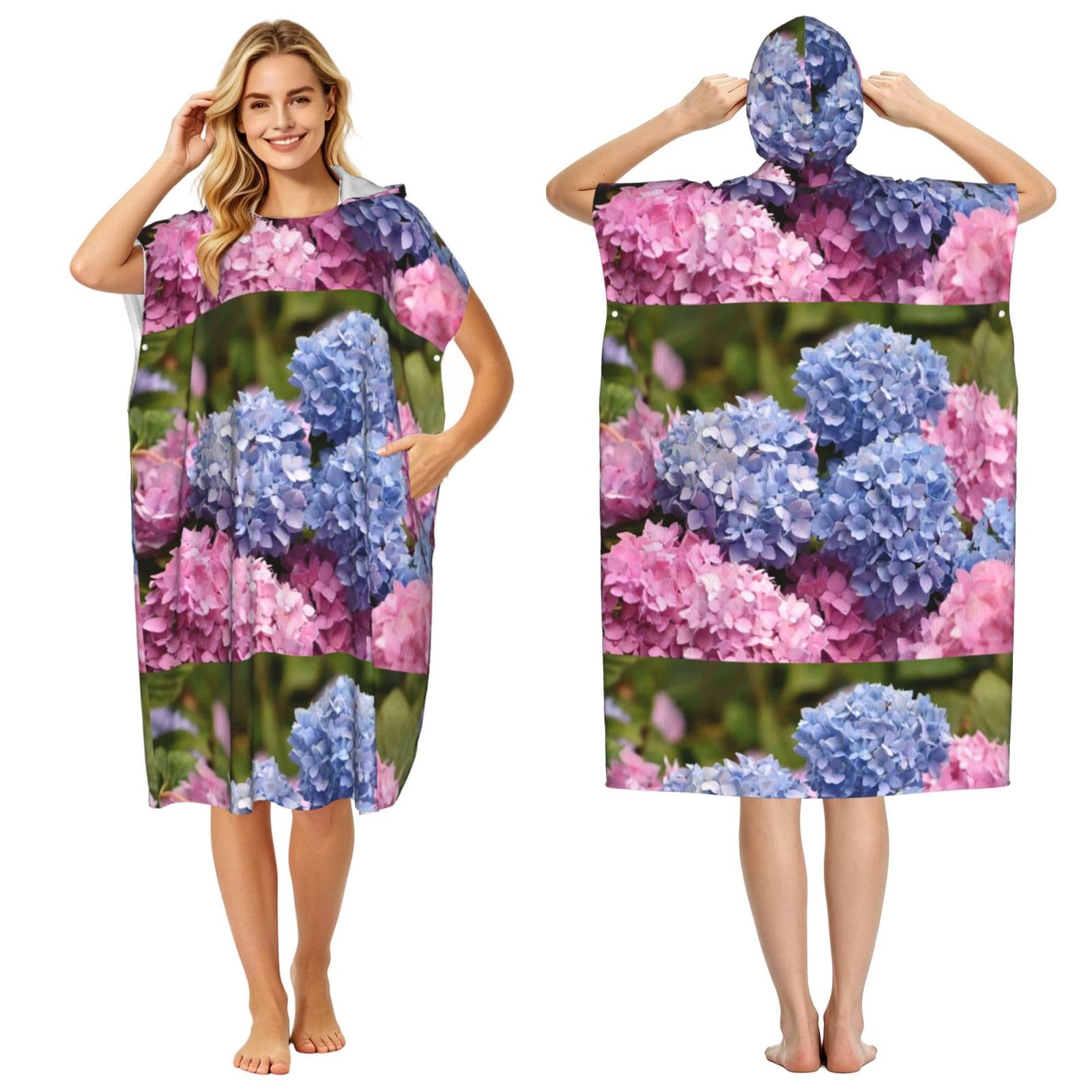 Poadnly Hydrangea Flower Pattern, Adult Hooded Beach Towel 90 x 110 cm,Changing Bath Robe, Surf Poncho Towel For Women Men