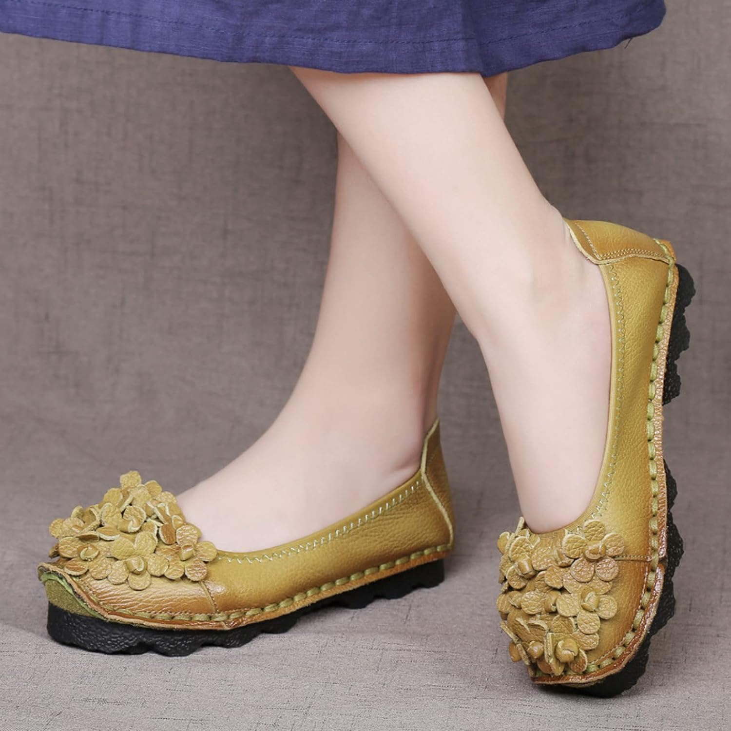 [PANLON] モカシン レディーズスリッポン モカシン イエロー 女の子 花柄 フラワー おしゃれ 23.0cm ナースシューズ