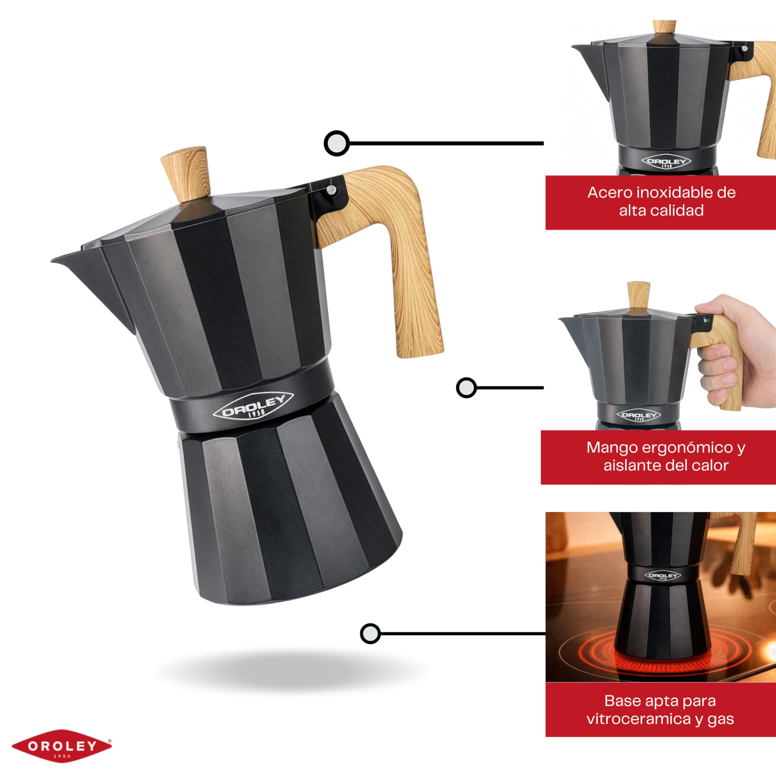 Oroley - New Dakar Nature - Cafetera Italiana Aluminio | Cafetera Vitrocerámica, Fuego y Gas | Estilo Tradicional (9 Tazas)