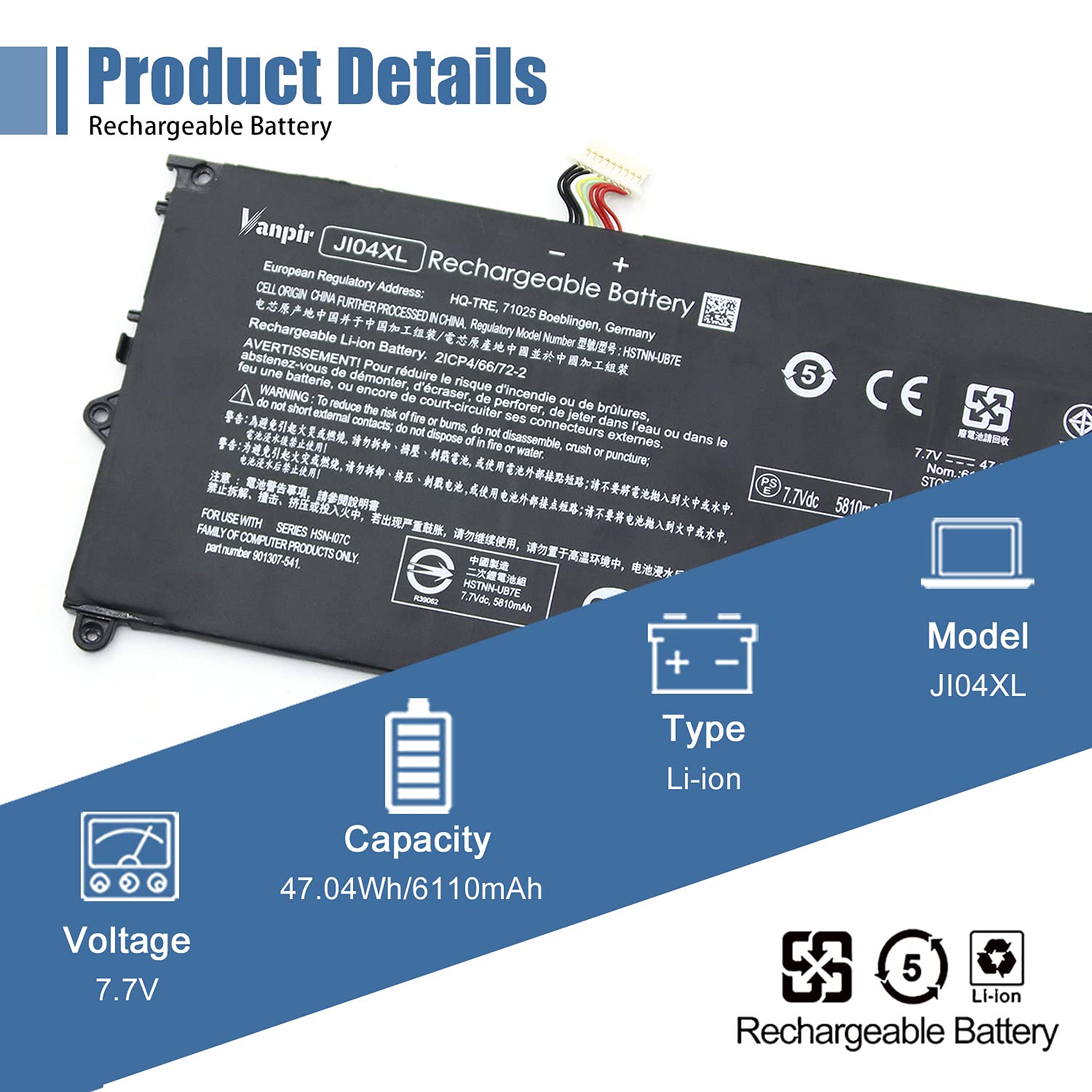 VANPIR JI04XL 901247-855 901307-541 Laptop Battery Compatible with Hp Elite X2 1012 G2 Notebook for HP Elite X2 1012 G2-1LV76EA Notebook HSTNN-UB7E JI04047XL 2ICP4/66/72-2 7.7V 47.04Wh 6110mAh