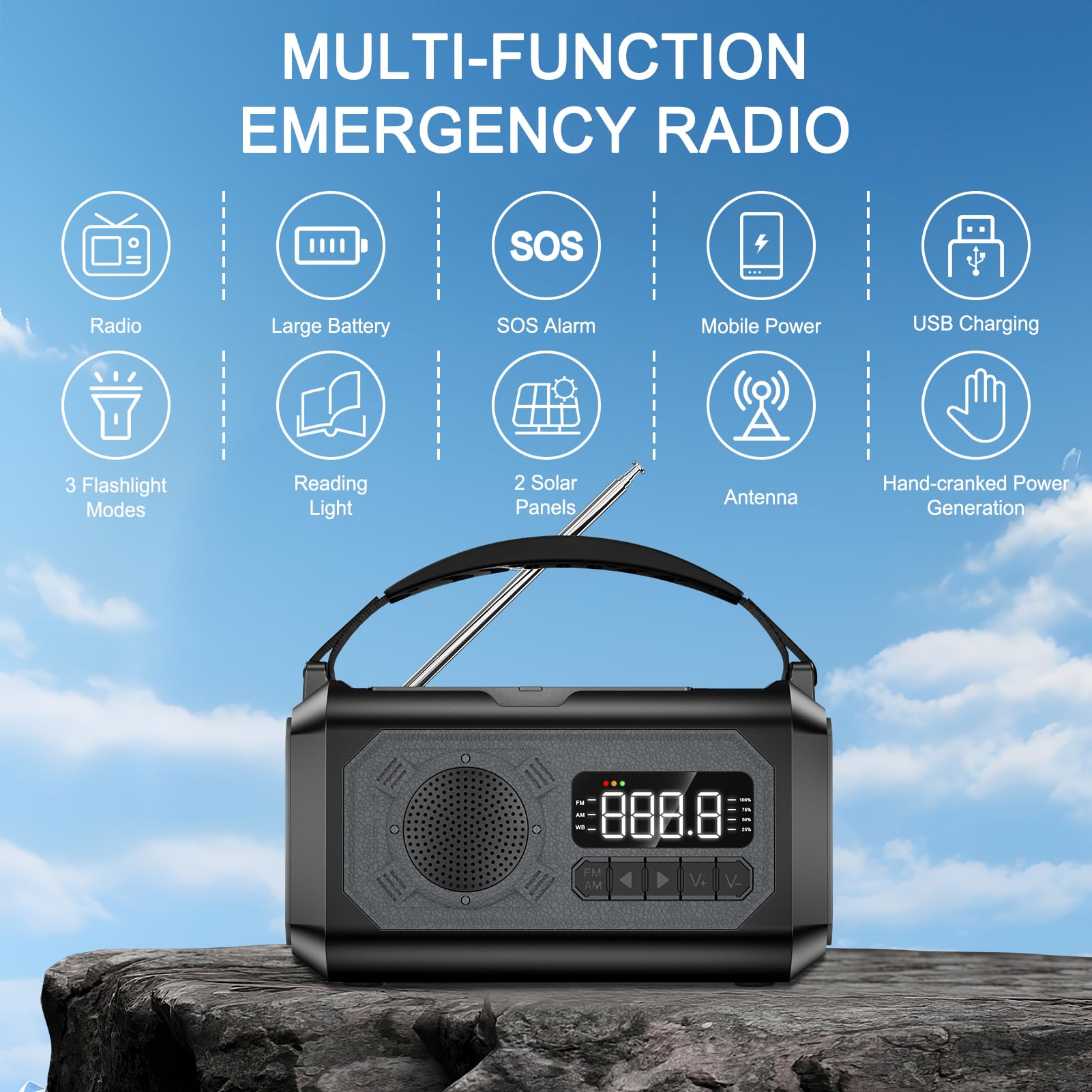 Radio di emergenza da 12000 mAh, radio portatile con allarme meteorologico AM/FM/NOAA, manovella con torcia, lampada da lettura, allarme SOS, caricatore USB, per emergenza domestica ed esterna