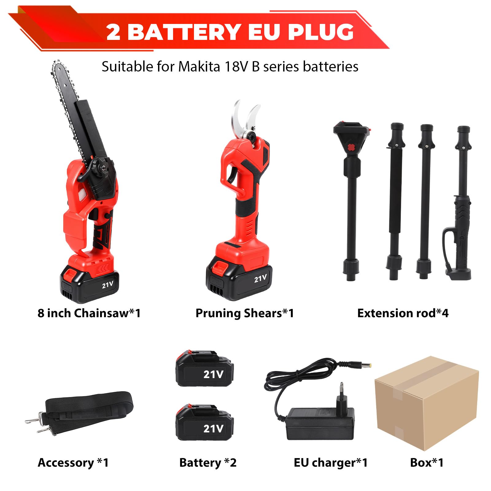 4 in 1 8 pollici motosega telescopico, 2 x 4,0 Ah batterie, (rosso)