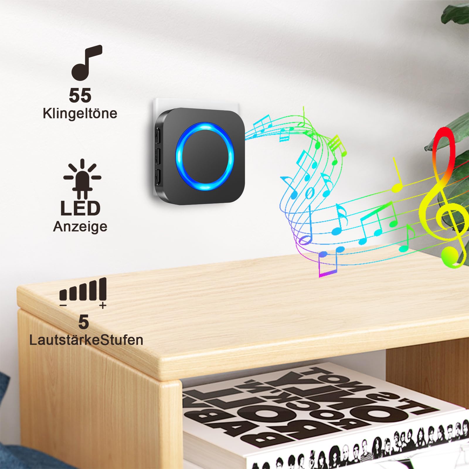 SURFOU Bezprzewodowy dzwonek do drzwi z odbiornikiem plug-in, zasięg 400 m, wodoszczelny, 55 dźwięków dzwonków, 5 głośności, migające diody LED, czarny