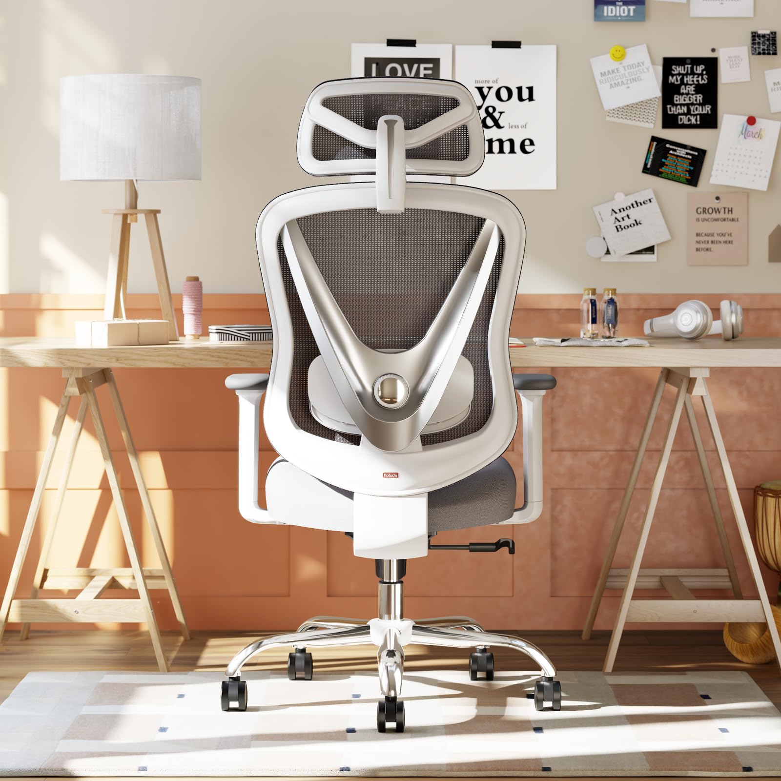 HOLLUDLE Silla de Oficina ergonómica con Soporte Lumbar 3D y reposabrazos 3D Ajustables – Diseño en Forma de V, Silla de Escritorio cómoda para Oficina y hogar, Blanca