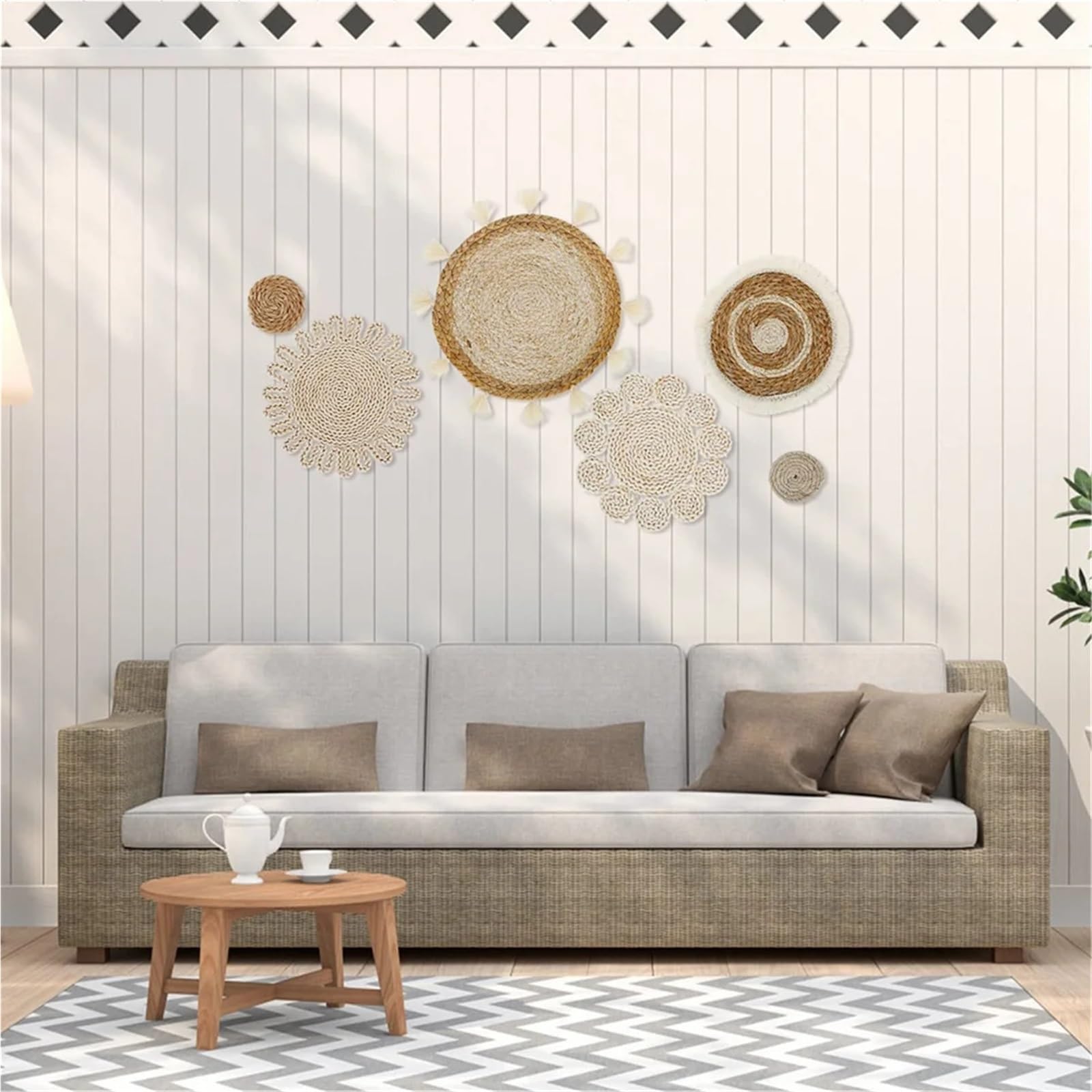 Cesta de pared de ratán Juego De Decoración Cestas For Pared, Planas Mimbre Tejidas, Colgante, Flores Hechas A Mano Con Borlas, 6 Uds