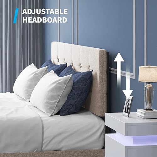 Miniatura 3 de Mjkone Base de cama de plataforma con 4 cajones de almacenamiento, marco de cama tapizado tamaño California King con botón cuadrado capitoné,