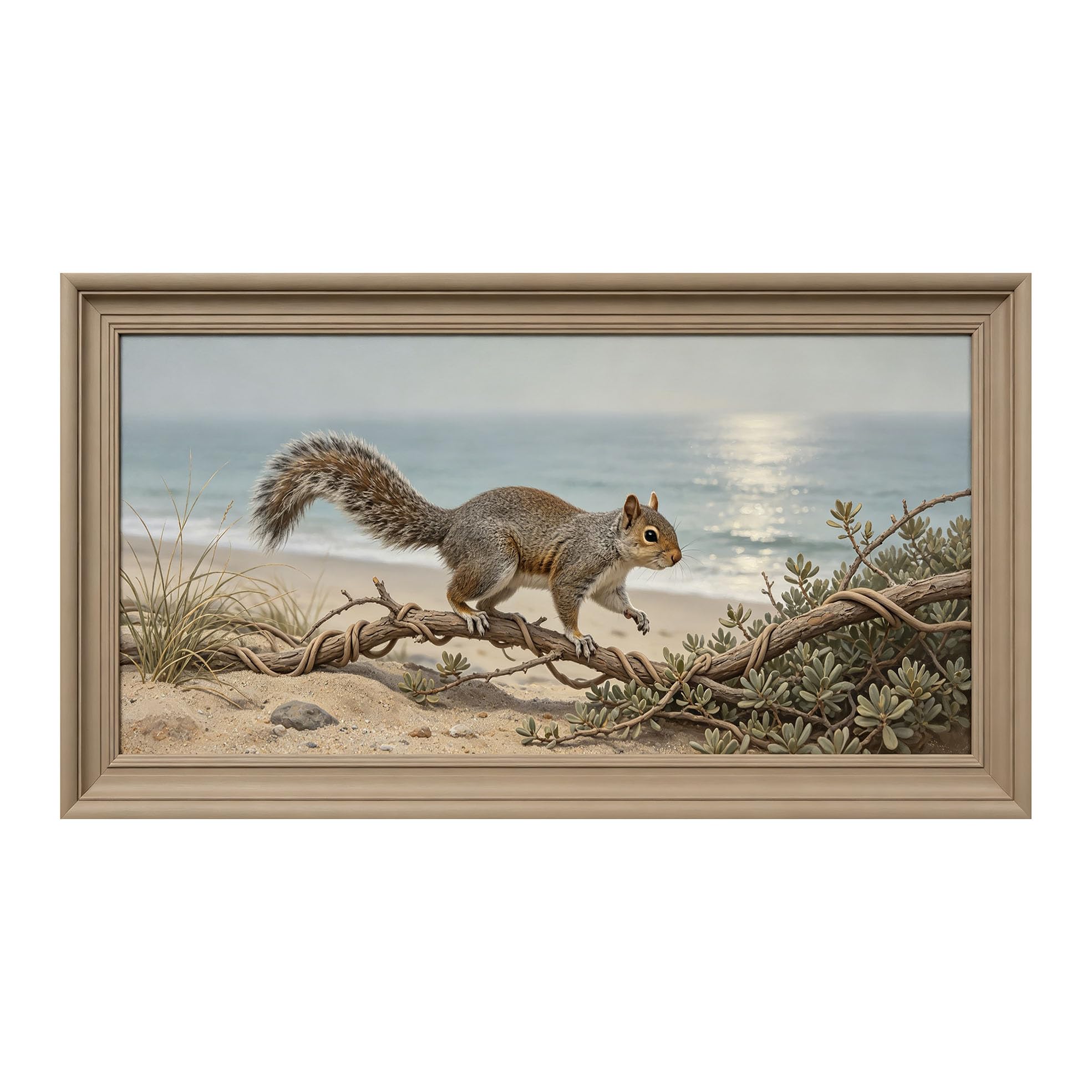 Murasolite 3D 3D Framed Wall Art 50cm×90cm Coastal Beach Squirrel Landscape Oil Painting SelfAdhesive Fabric Mural Wall Decor, Peel and Stick No Damage to Wall for Bedroom Living Room