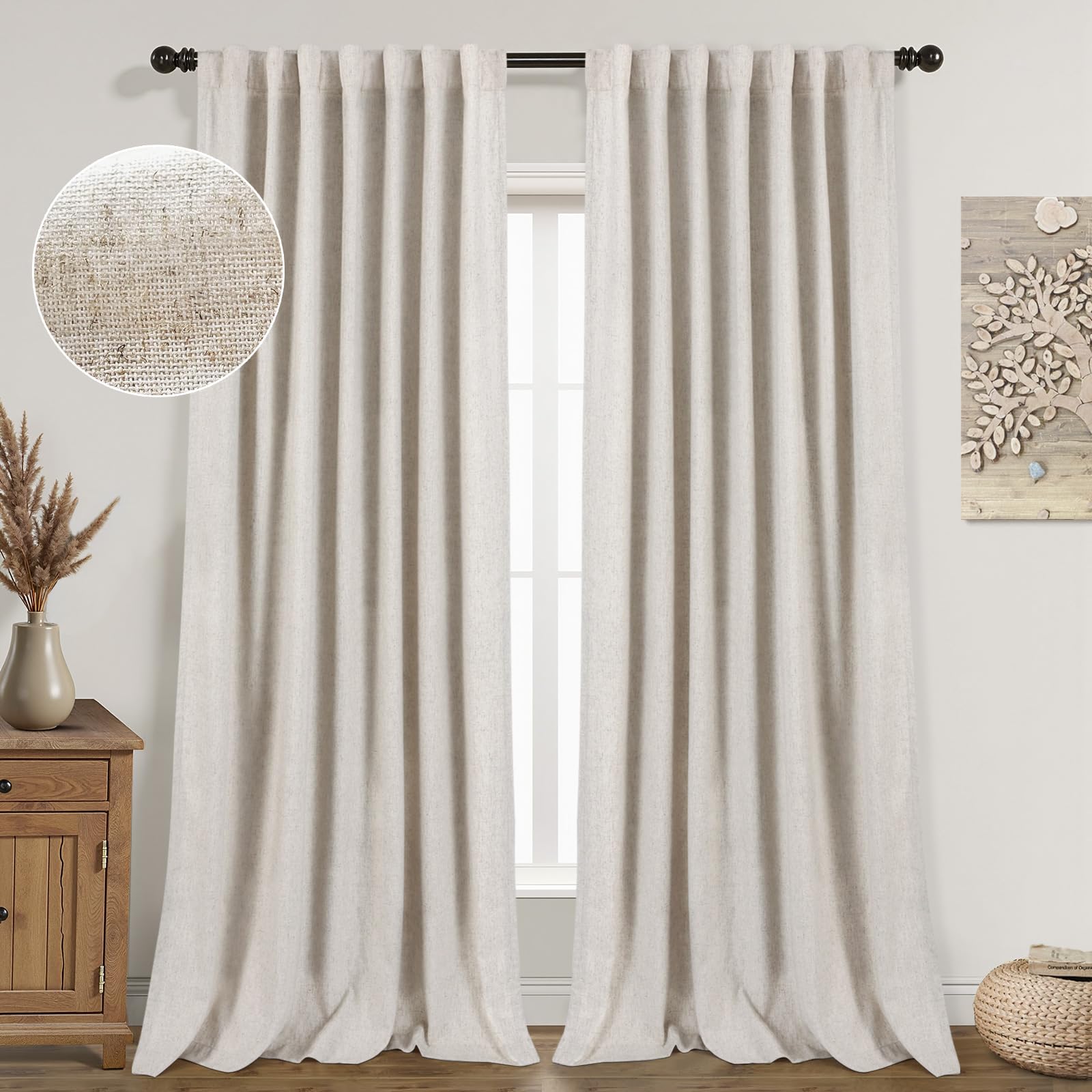 Awellife Linen Blackout Curtains for Living Room Rod Pocket Back Tab Drapes 63 Inch Length 2 Panels Set for Living Room Ivory