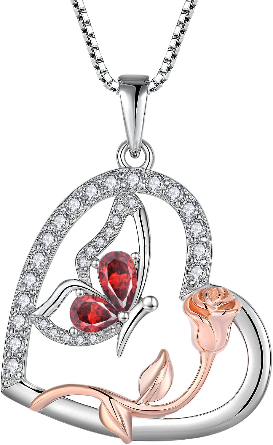 Love Heart Butterfly Necklace for Women 925 Sterling Silver Birthstone Pendant Rose Flower Dainty Jewelry Gifts for Women Wife Girlfriend Mother Daughter Her