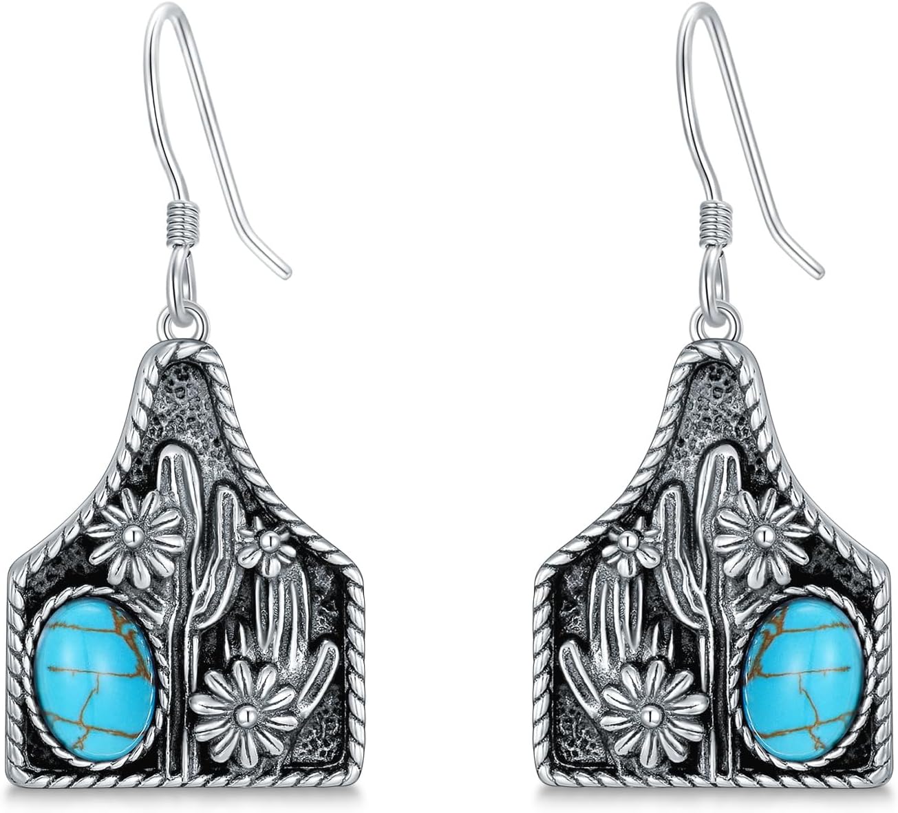 Turquoise Cow Tag Earring 925 Sterling Silver Real Oval Turquoise Cactus Cattle Tag Earrings Western Jewelry for Women Cowgirl