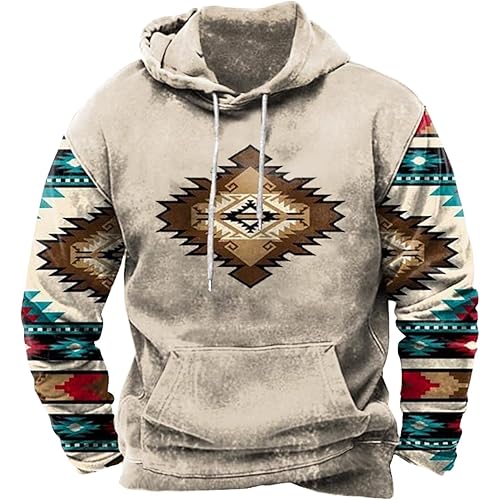 Zeiyignr Men's Western Aztec Sweatshirts, Ethnic Print Graphic Patchwork Hoodies Slim Casual Pullover Tops with Drawstring