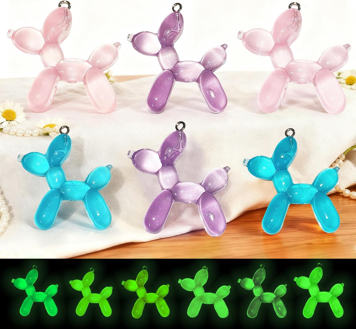 6PCS Grow in the Dark Ballon Dog Charms - 3 Color Decorative Ballon Dog Jewelry Making Accessories for Men or Women, Fashionable DIY Bag/Phone Decorations