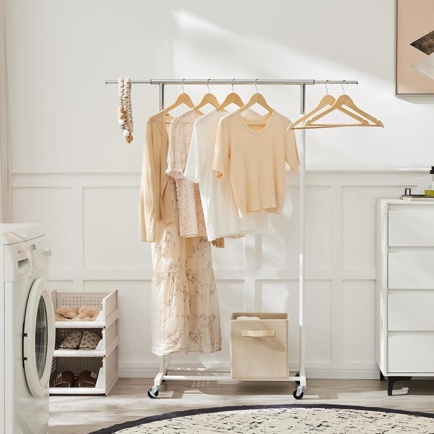 MAX Houser Standard Rod Clothing Garment Rack,Metal Rolling Clothes Organizer on Wheels for Hanging Clothes,Coats Skirts Shirts Sweaters,Extensible,White - Image 6