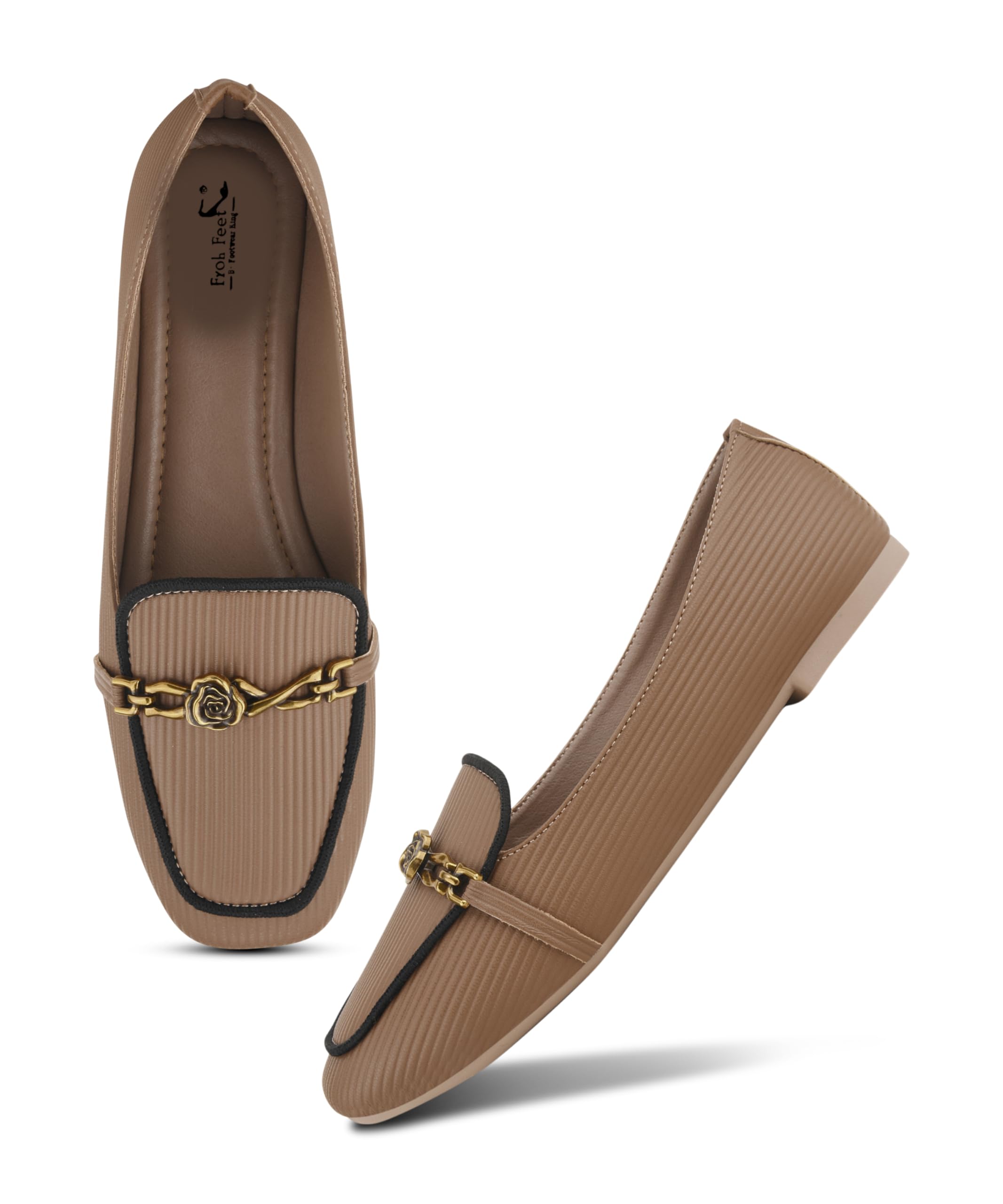 Froh Feet Women’s Sophisticated Ribbed Texture Loafers with Elegant Metallic Rose Ornament and Contrast Border Piping-picture-43