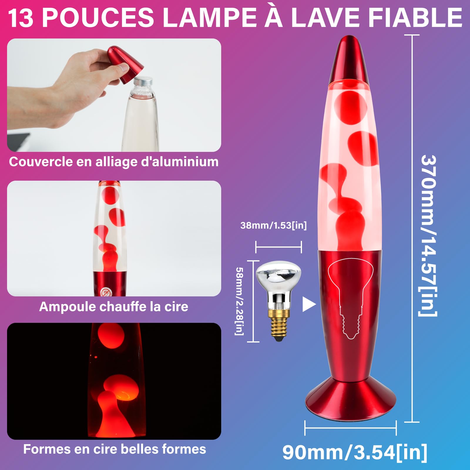 Luxvista Lampe à Lave Rouge 37CM Liquide Transparent et Lave Rouge Lampe D'Ambiance pour Décoration Chambre Salon Bureau Lampe Magma Cadeau Pour Adultes Et Enfants avec 2 Pièces E14 Ampoule