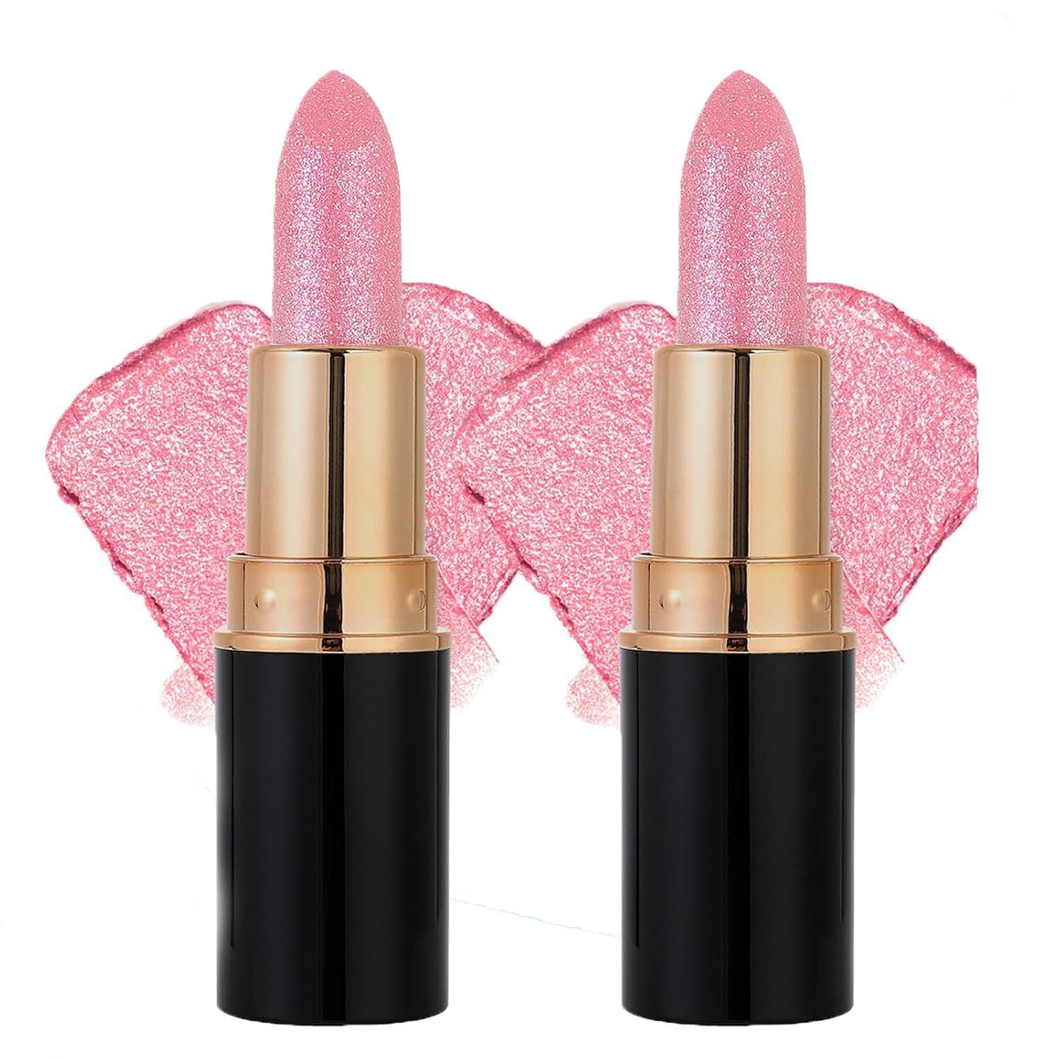 LEWELLRY 2pcs Diamond Glitter Lipstick, Diamond Lip Gloss Glitter Lipstick Waterproof & Long-Lasting with Sparkling Finish for Party & Daily Wear (01)