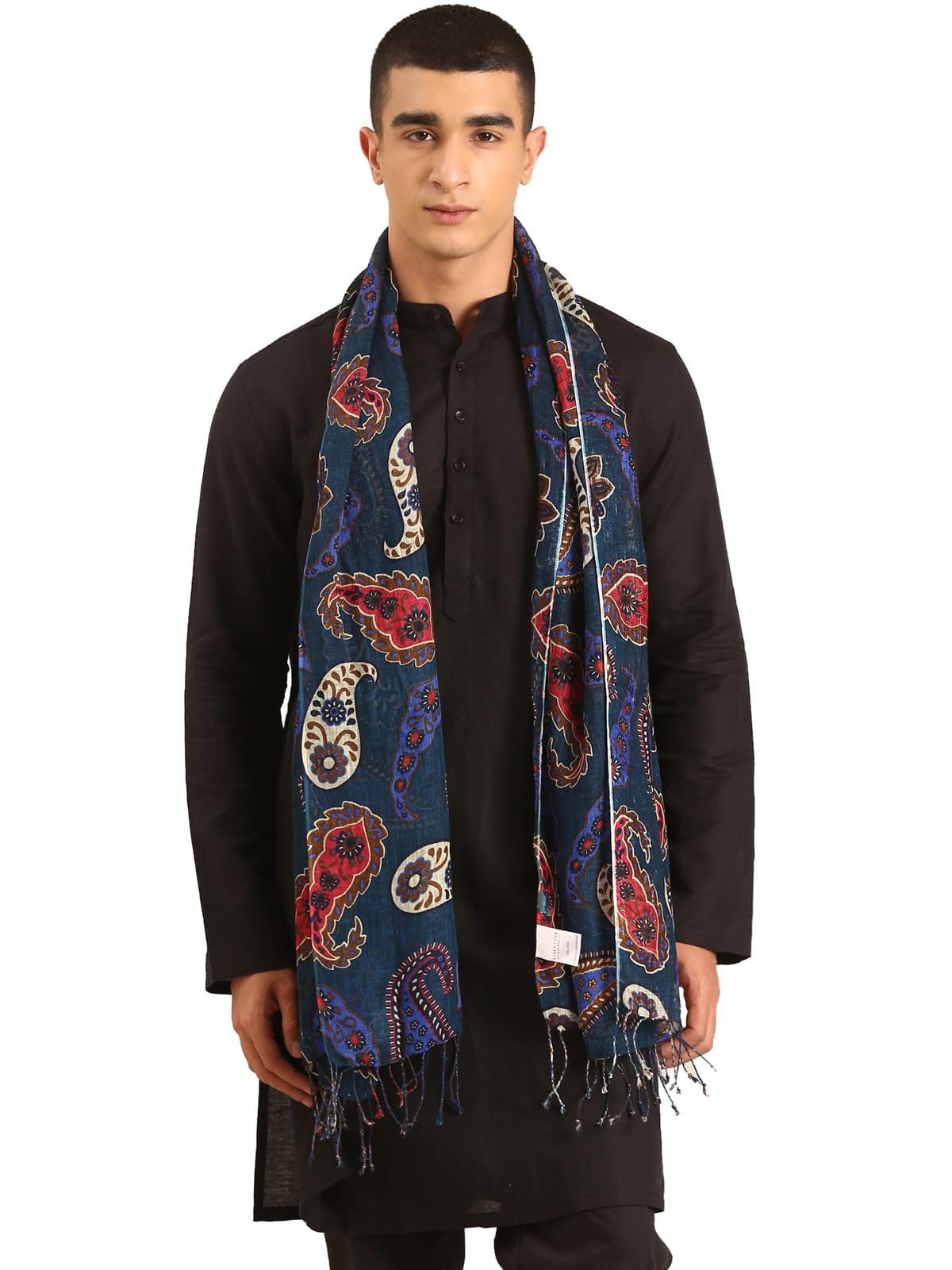 linen club Unisex Linen Stole Paisley Dark Teal (Size:Free Size)-picture-49