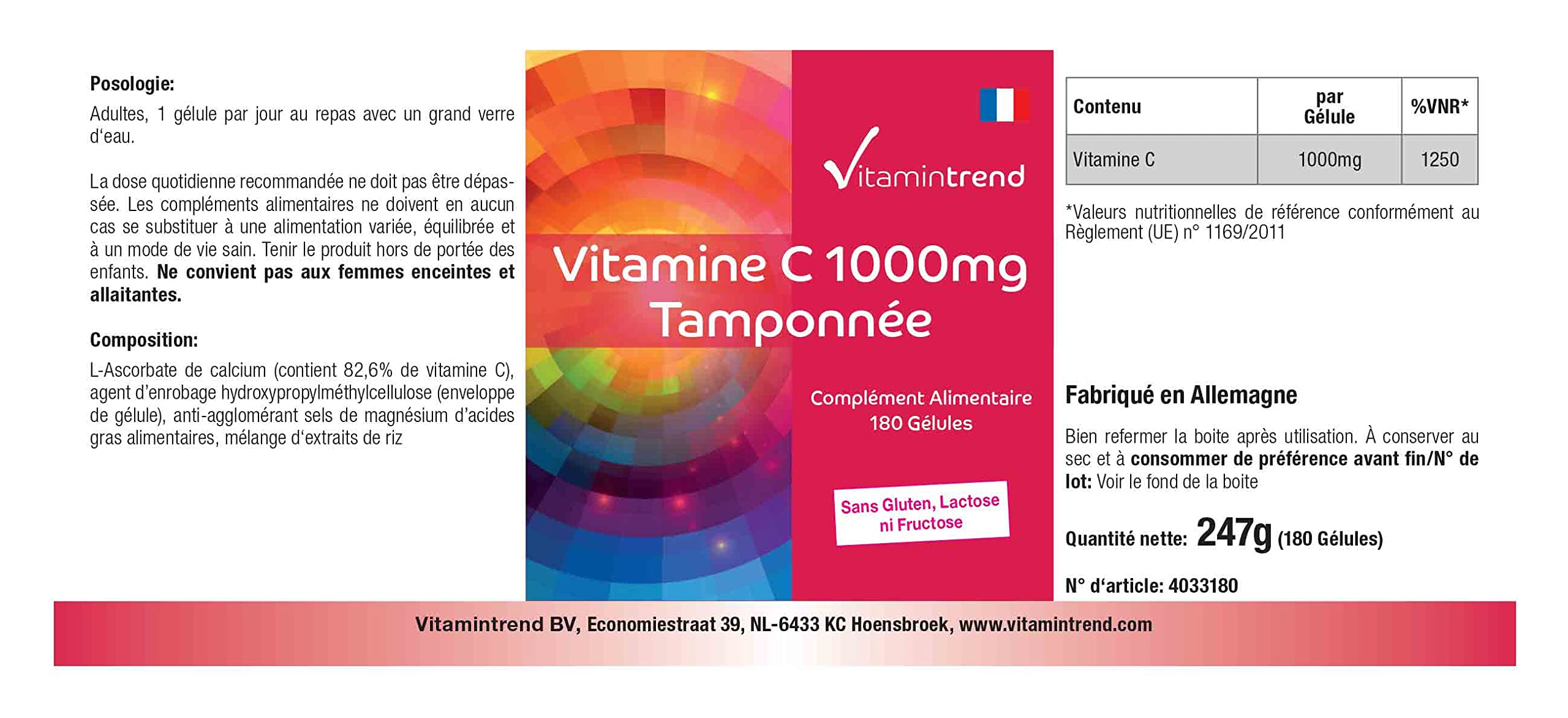 Vitamintrend Vitamin C gepuffert 1000mg, 180 Kapseln, magenschonend, Nahrungsergänzungsmittel vegan ohne Magnesiumstearat, in Deutschland hergestellt (Packung mit 2)