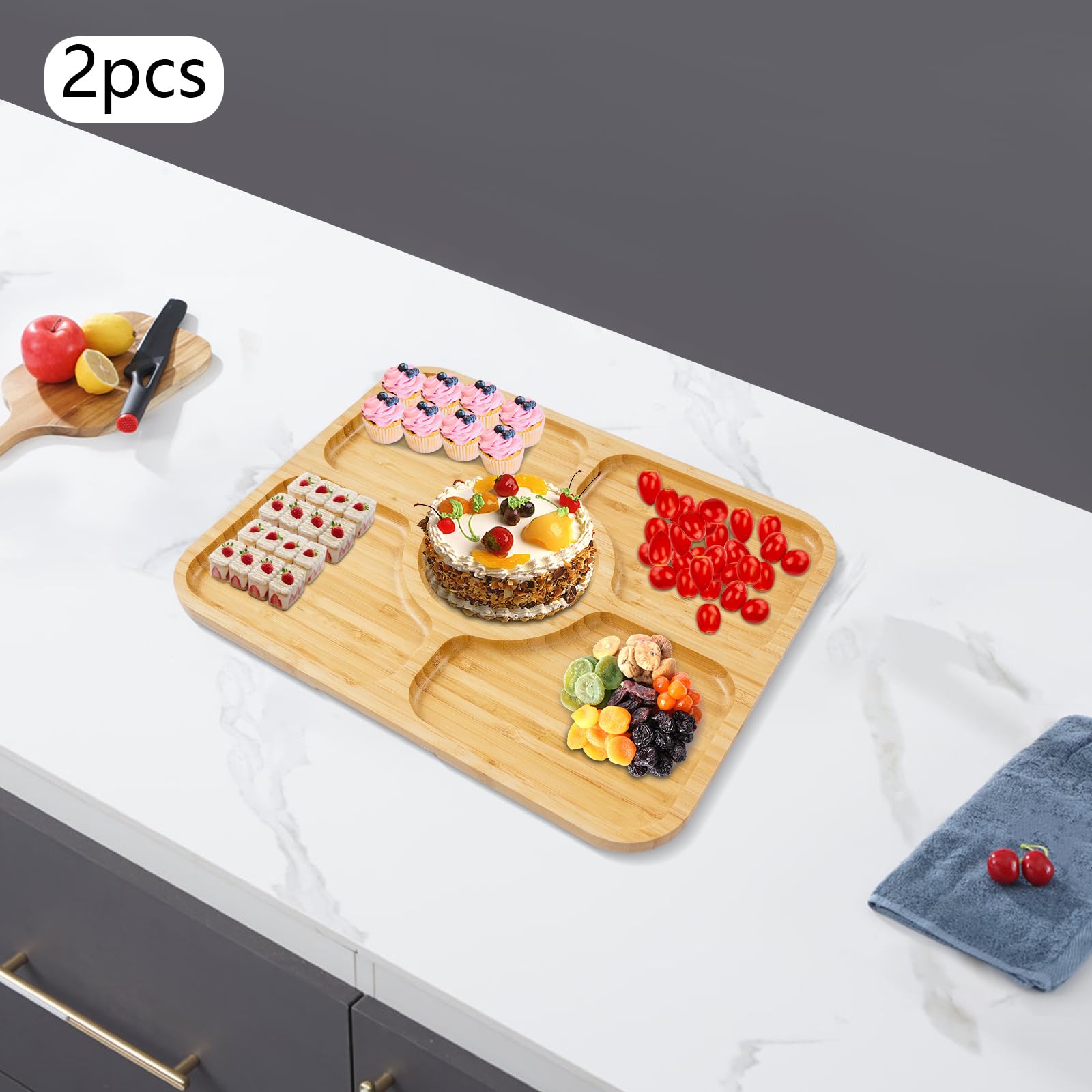 2 tablas de queso con tapa, bandeja para servir a madera de bambú, bandeja multifuncional con asa, tabla de charcutería para comida familiar, reunión, picnic, 35,3 x 28,3 cm (5 cuadrículas)