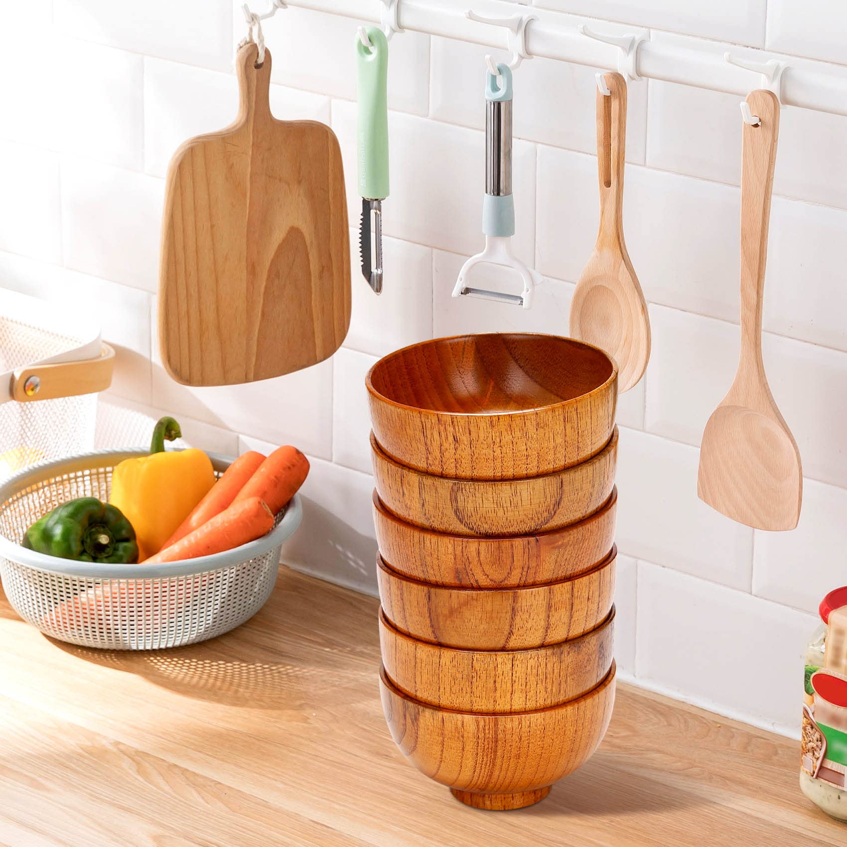 Set di 6 ciotole in legno per zuppa, salsa, caffè, tè, decorazione per insalata, cucina, set di