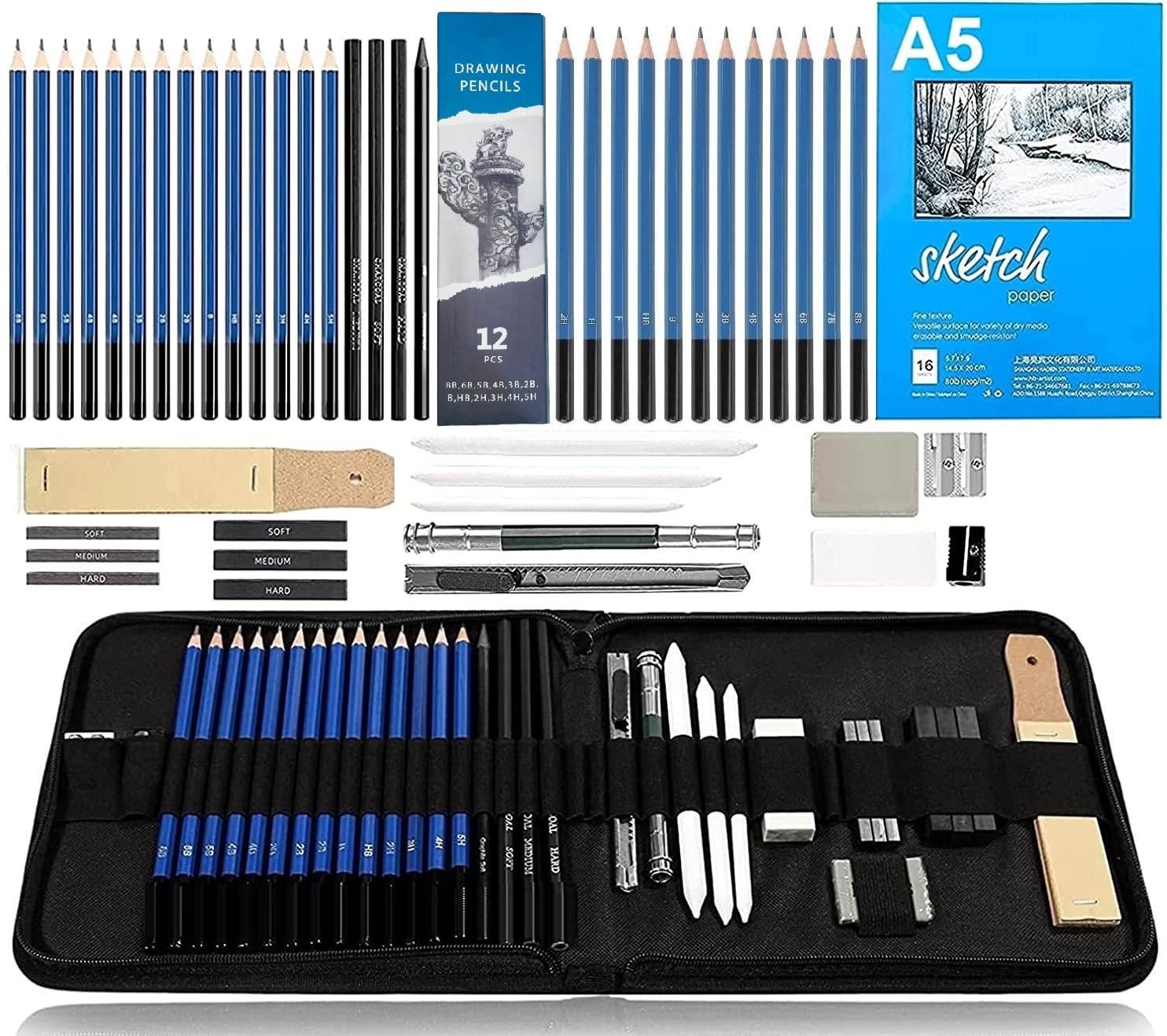 Corslet 35 Pieces Professional Drawing Pencils & 12 Pcs Charcoal Pencils Set | Sketch Kit For Artist | Art Drawing Pencil Set For Artists Painting Sketching Kit