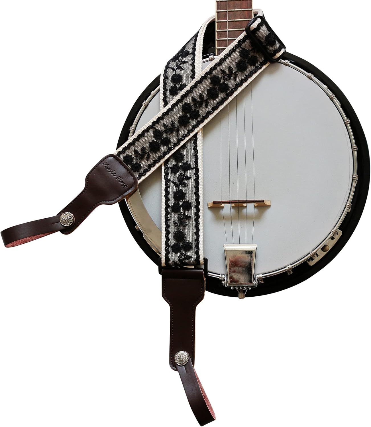 MUSIC FIRST Original Design, 2 inch width (5cm), Padded, Black Cool & Vintage"Lace" Soft Lace & Genuine Leather Delux Banjo Strap, With 2 pieces of MUSIC FIRST Leather Strap Locker.
